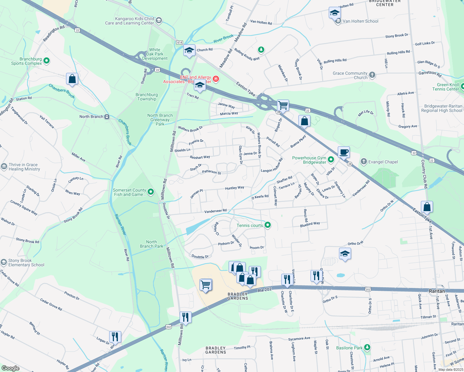 map of restaurants, bars, coffee shops, grocery stores, and more near 27 Huntley Way in Bridgewater