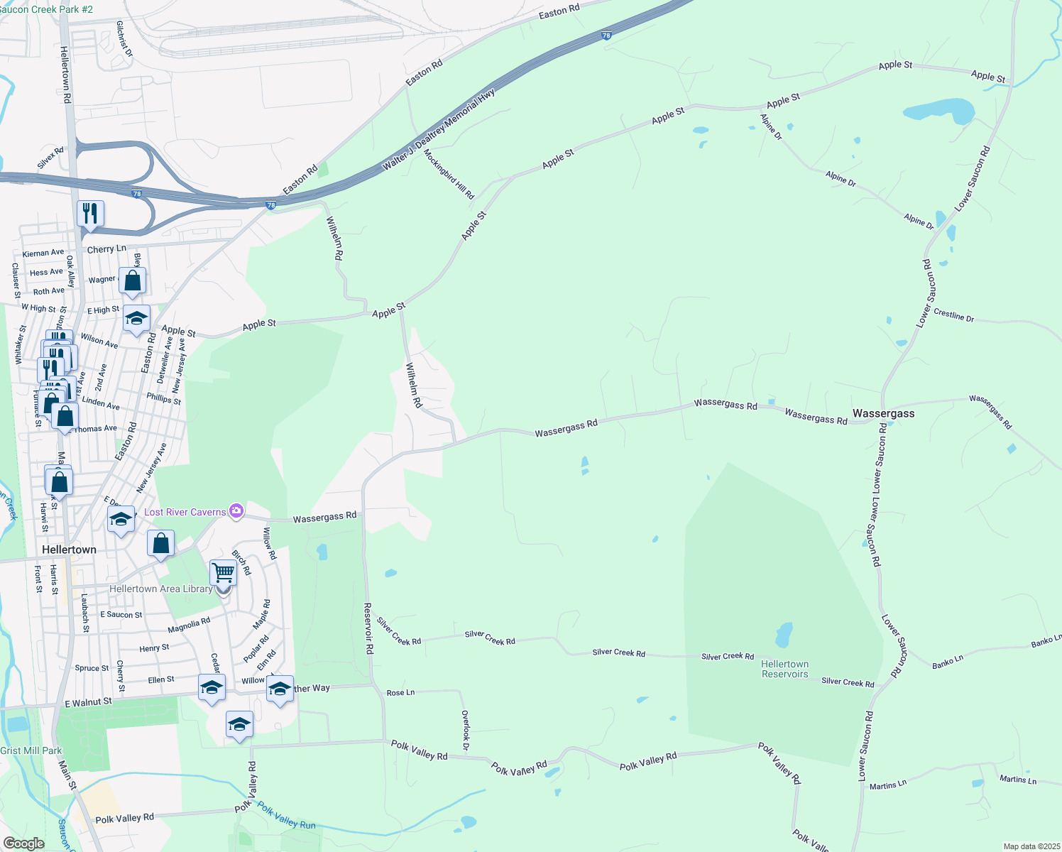 map of restaurants, bars, coffee shops, grocery stores, and more near 2263 Wassergass Road in Hellertown