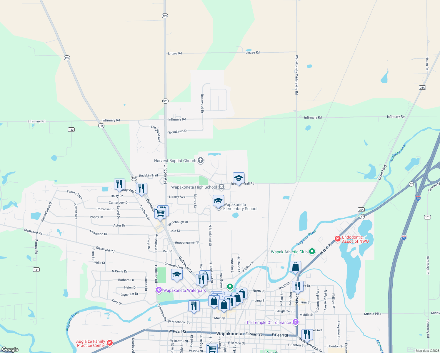 map of restaurants, bars, coffee shops, grocery stores, and more near 1009 Cherokee Crossing in Wapakoneta