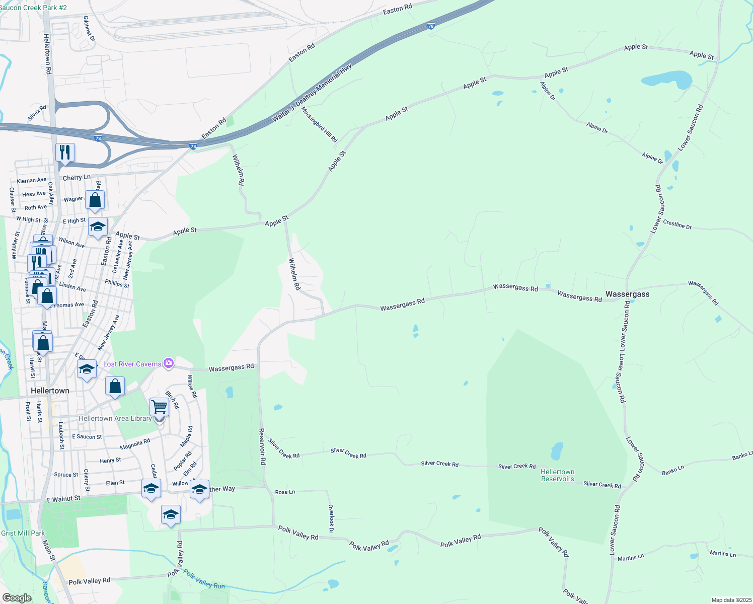 map of restaurants, bars, coffee shops, grocery stores, and more near 2263 Wassergass Road in Hellertown
