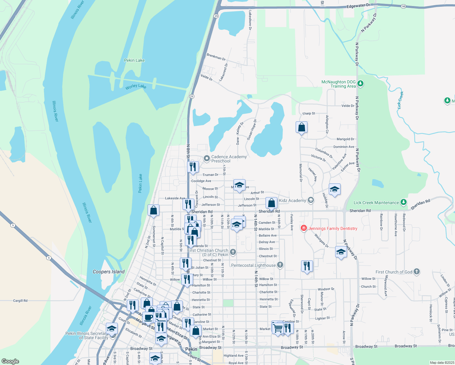 map of restaurants, bars, coffee shops, grocery stores, and more near 1102 Coolidge Ave in Pekin