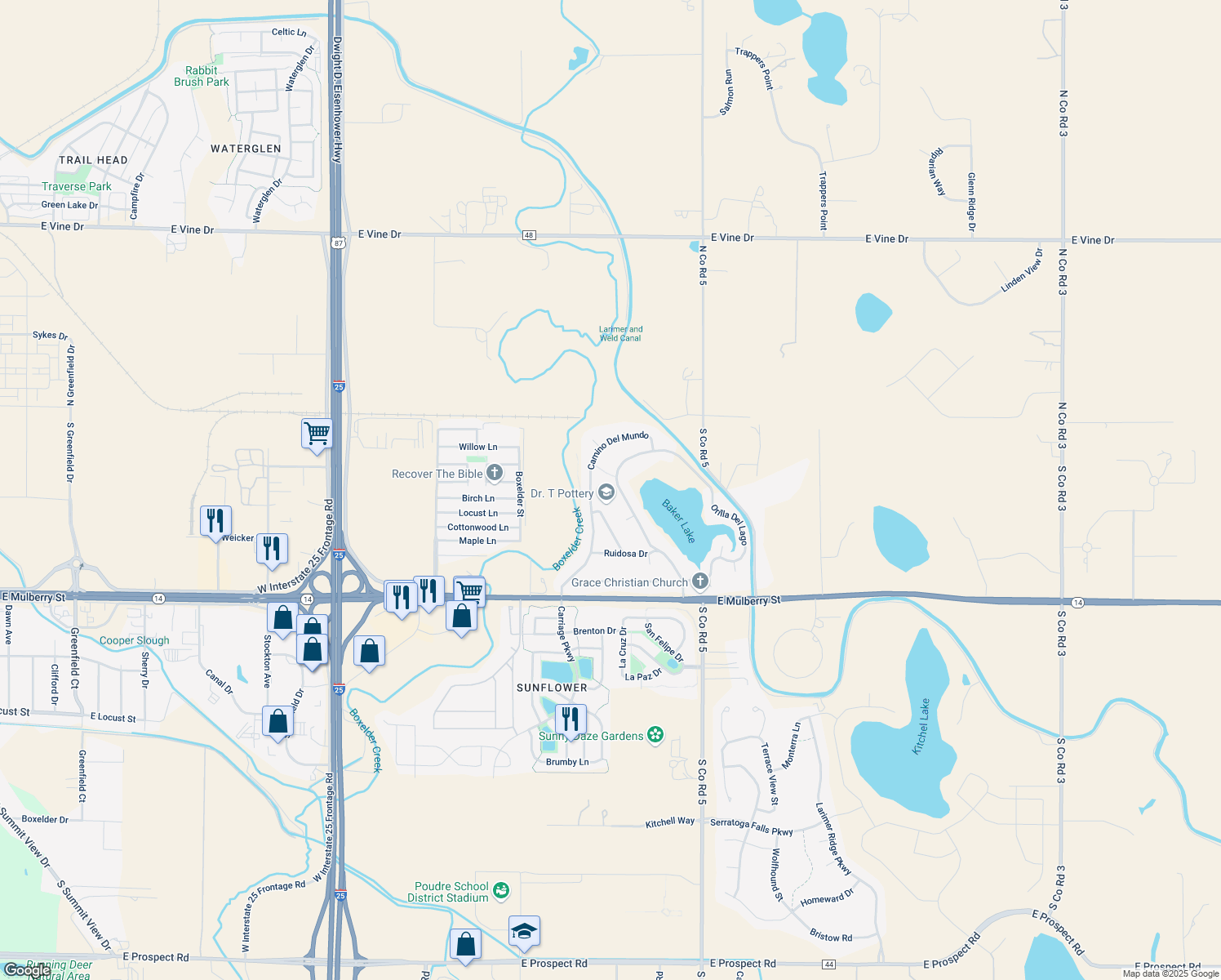 map of restaurants, bars, coffee shops, grocery stores, and more near 193 Camino Real in Fort Collins