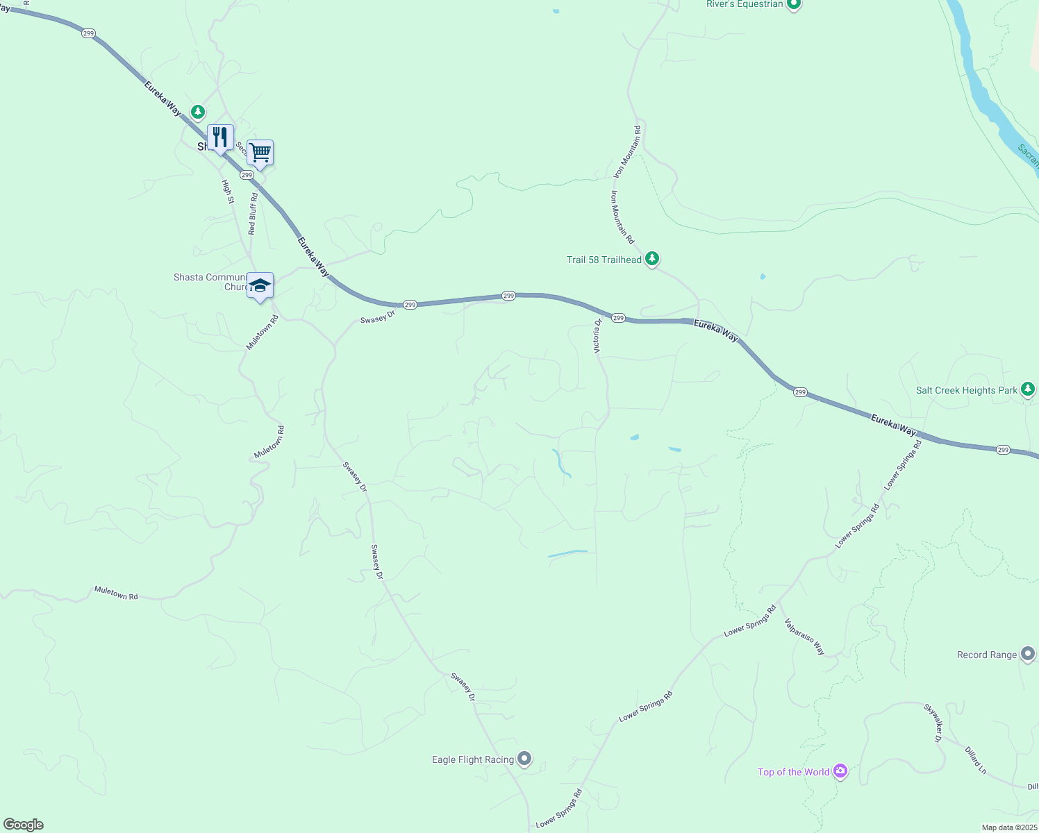 map of restaurants, bars, coffee shops, grocery stores, and more near 10255 Carrousel Drive in Redding