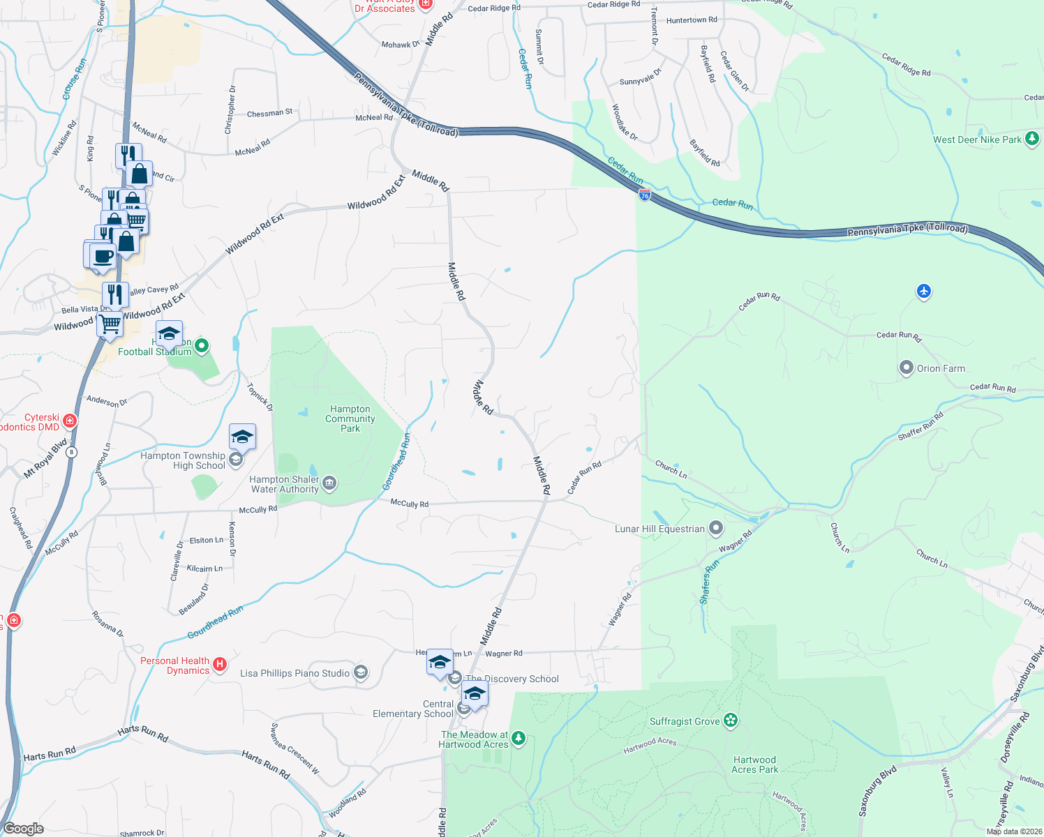 map of restaurants, bars, coffee shops, grocery stores, and more near 4506 Middle Road in Hampton Township