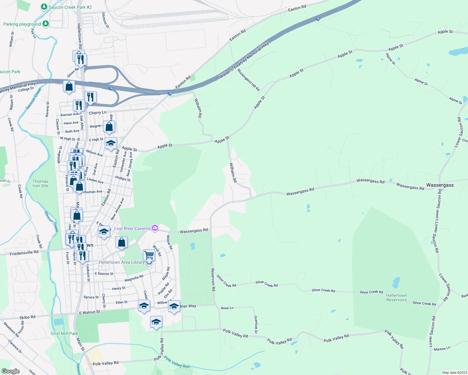 map of restaurants, bars, coffee shops, grocery stores, and more near 3666 Wilhelm Rd in Hellertown