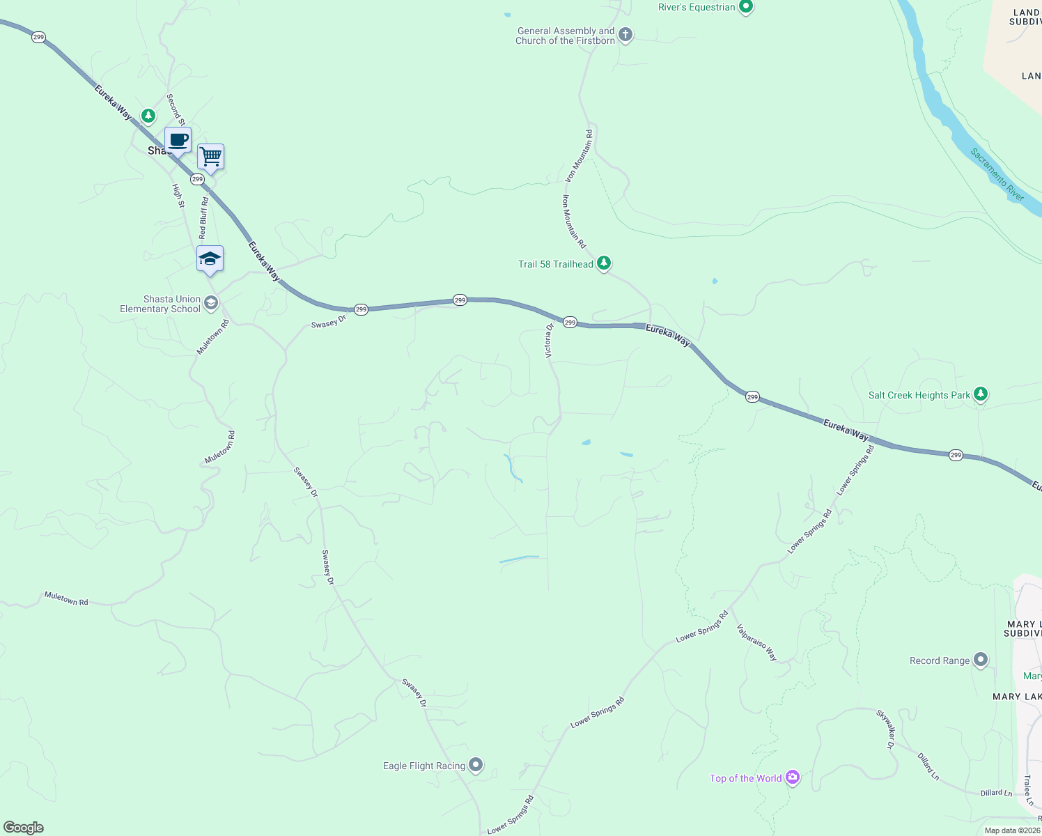 map of restaurants, bars, coffee shops, grocery stores, and more near 15994 Ganim Lane in Redding