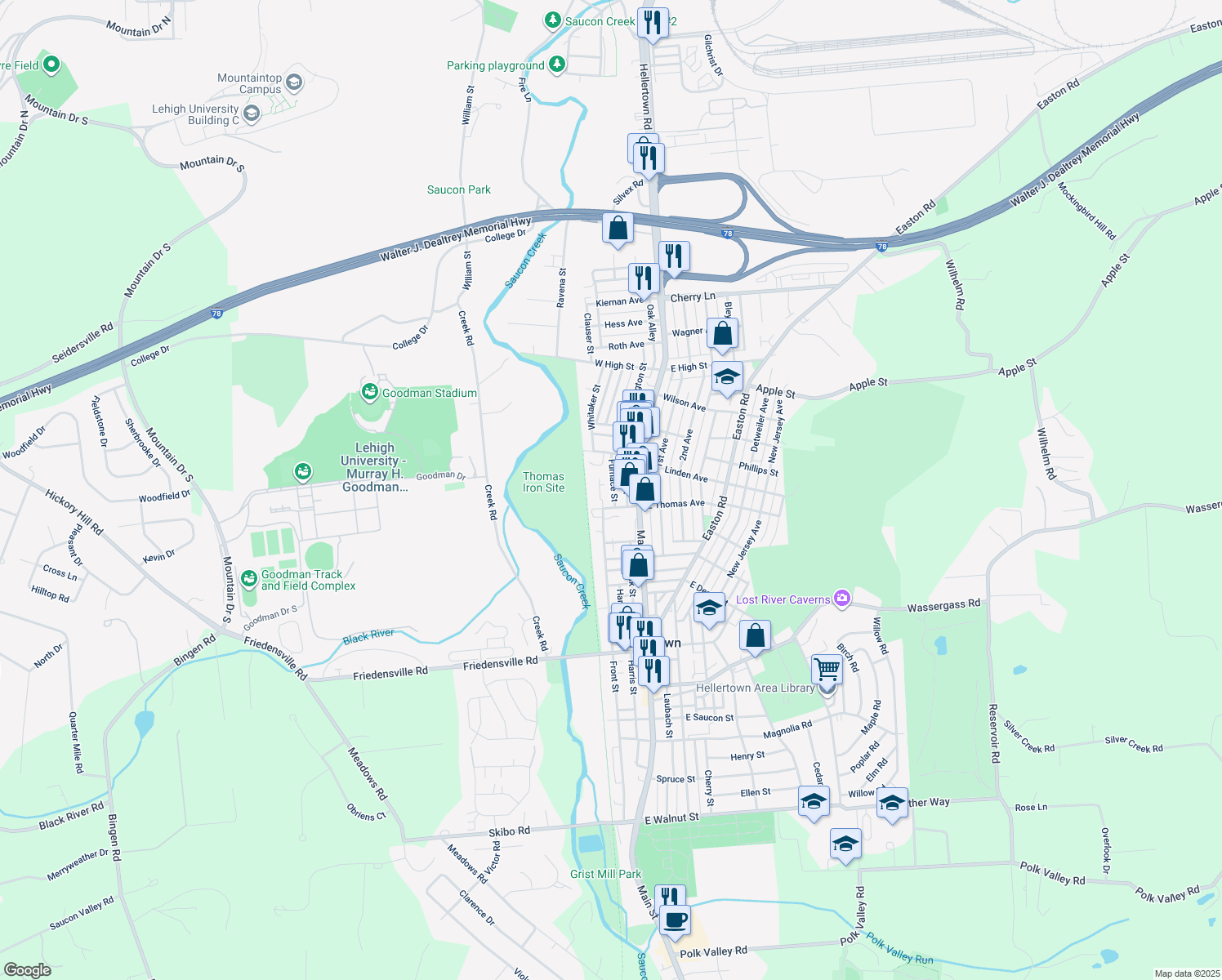 map of restaurants, bars, coffee shops, grocery stores, and more near 1130 Furnace Street in Hellertown