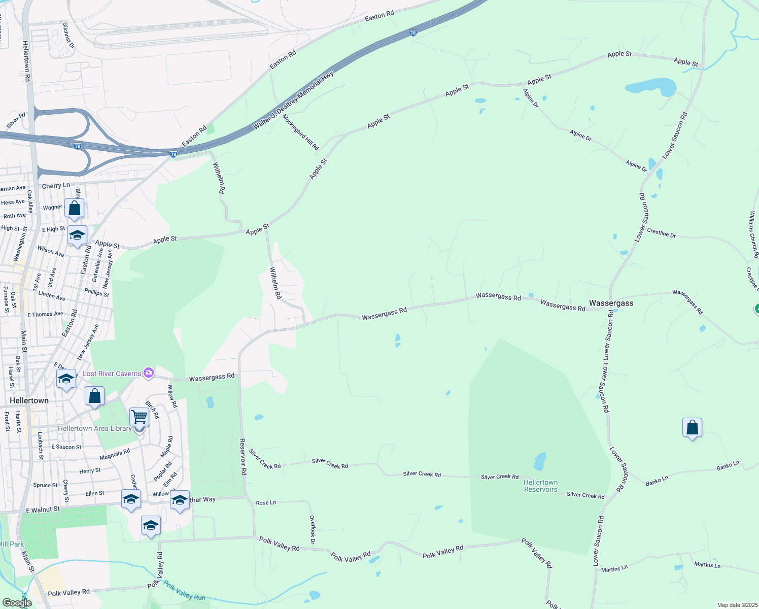 map of restaurants, bars, coffee shops, grocery stores, and more near 2287 Wassergass Road in Hellertown