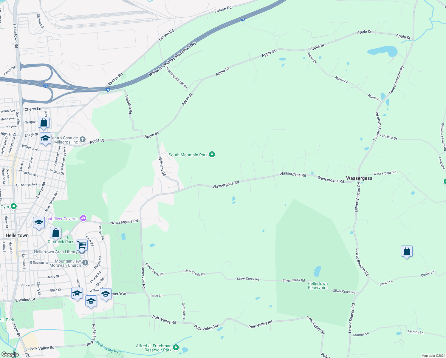 map of restaurants, bars, coffee shops, grocery stores, and more near 2287 Wassergass Road in Hellertown
