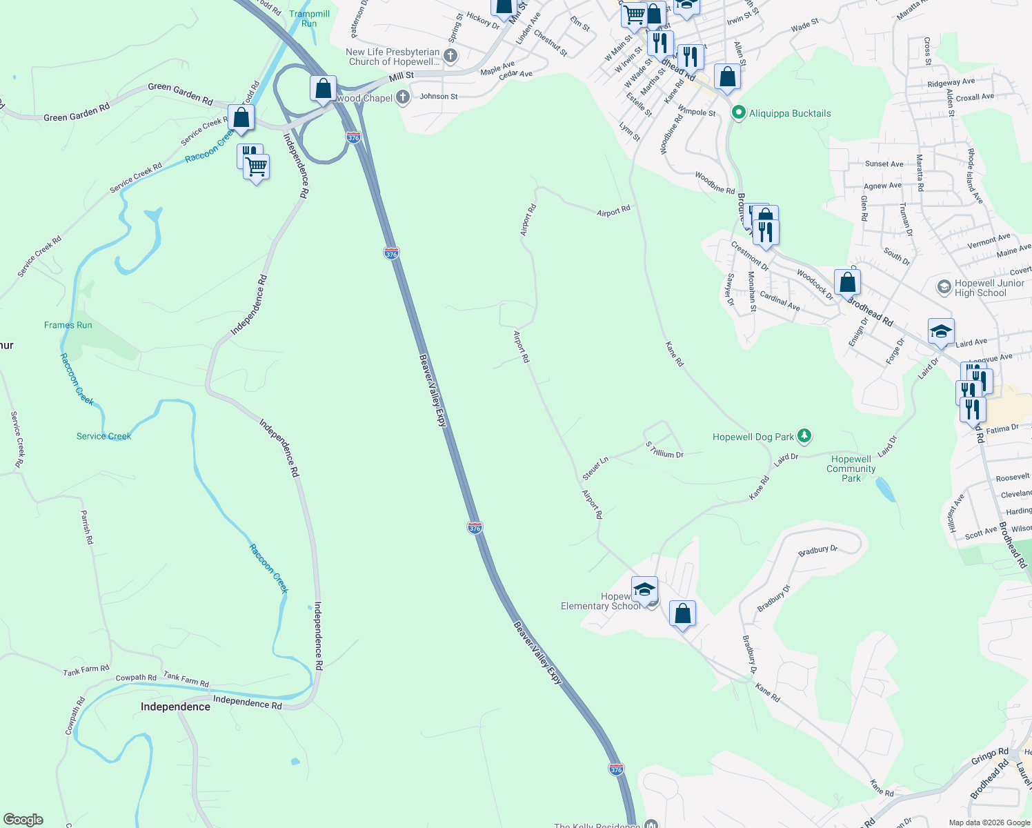 map of restaurants, bars, coffee shops, grocery stores, and more near 1166 Airport Rd in Aliquippa