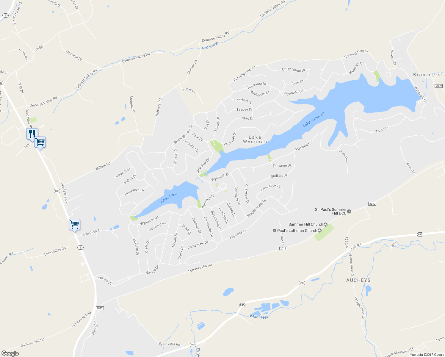map of restaurants, bars, coffee shops, grocery stores, and more near 2546 Wynonah Drive in Auburn