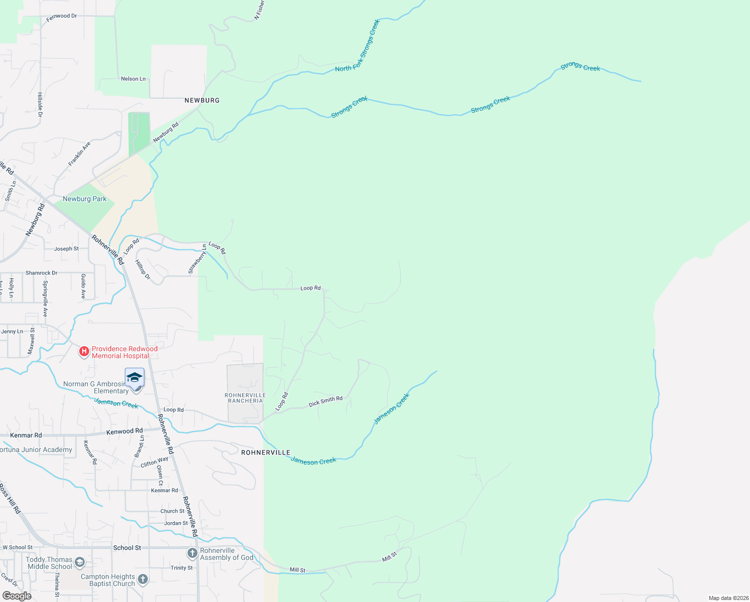 map of restaurants, bars, coffee shops, grocery stores, and more near 301 Paradise Drive in Fortuna