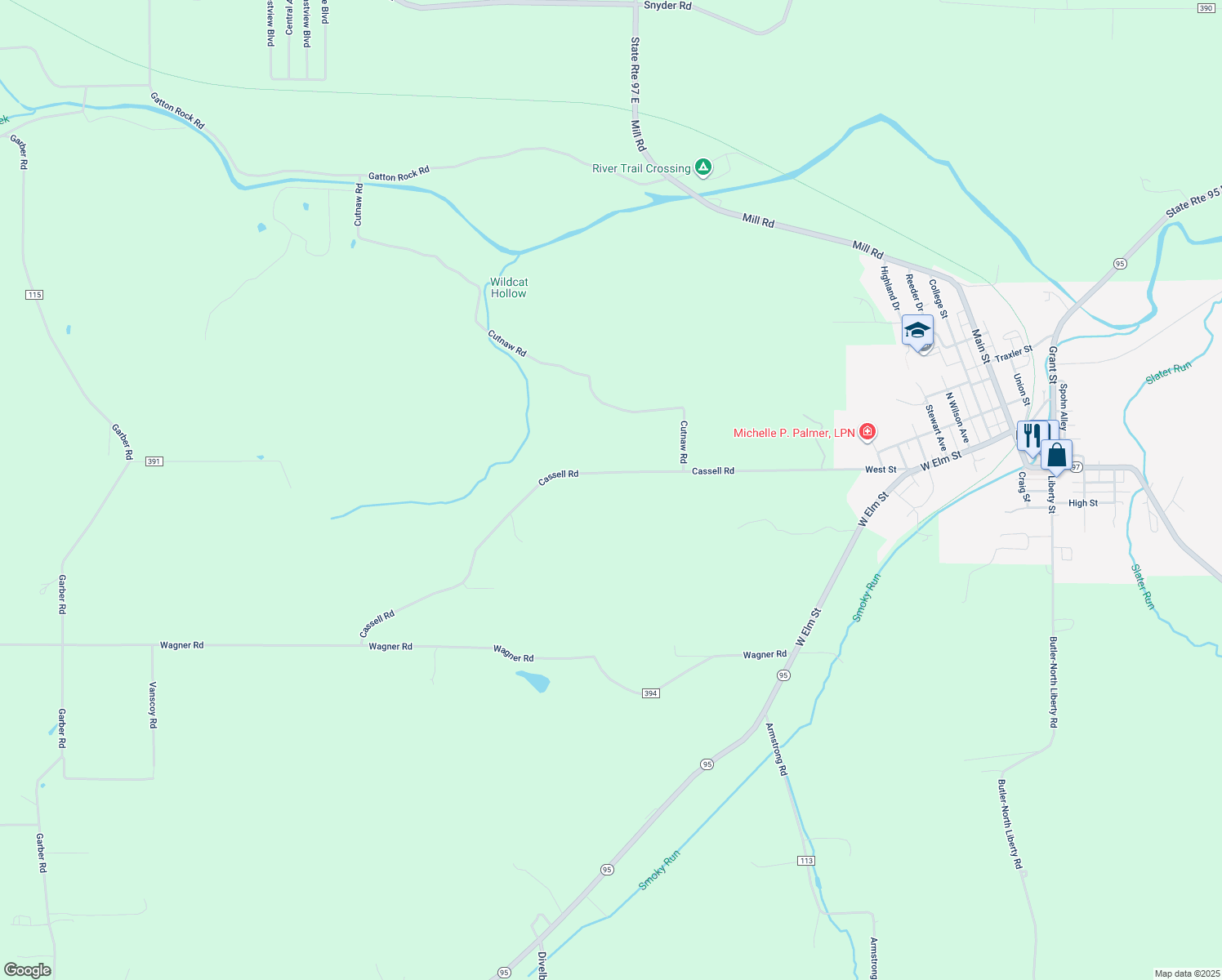 map of restaurants, bars, coffee shops, grocery stores, and more near 1788 Cassell Road in Butler