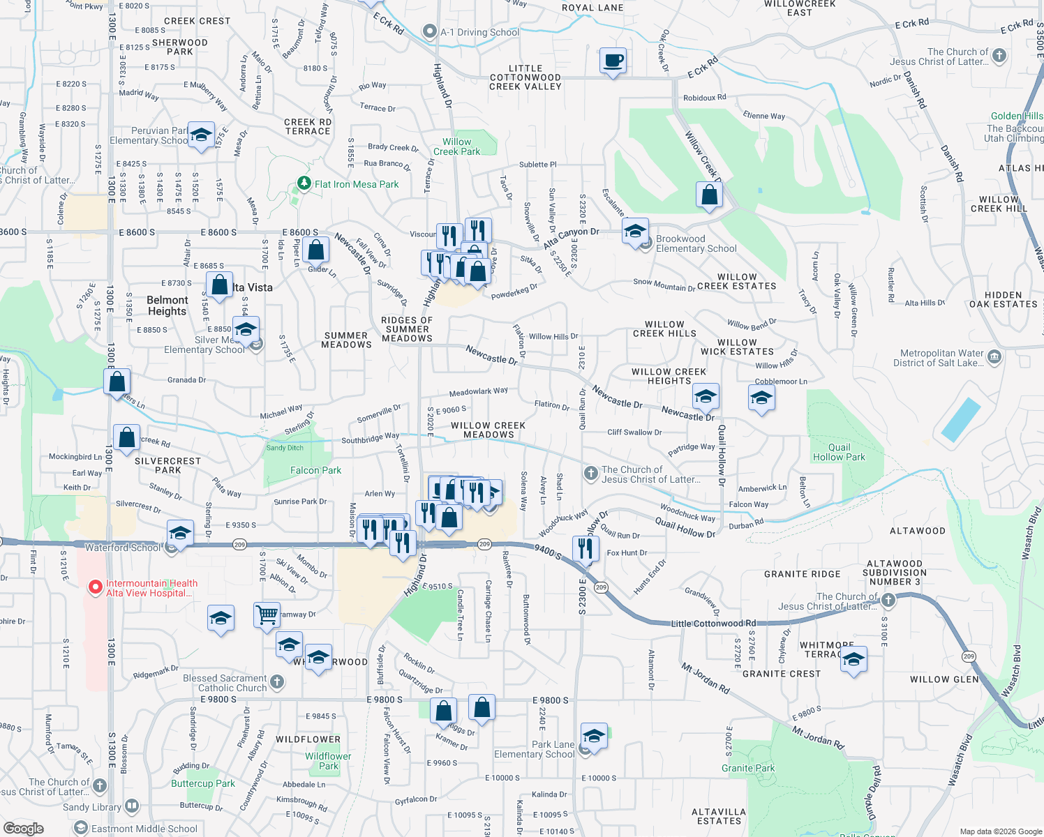 map of restaurants, bars, coffee shops, grocery stores, and more near 9078 Daybreak Drive in Sandy