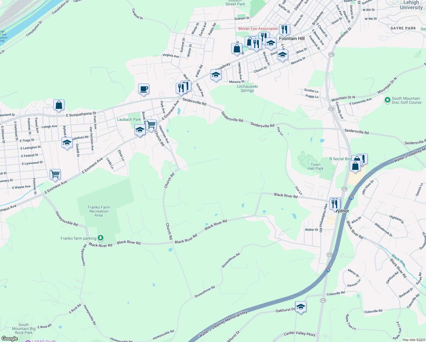 map of restaurants, bars, coffee shops, grocery stores, and more near 1826 Alder Lane in Bethlehem