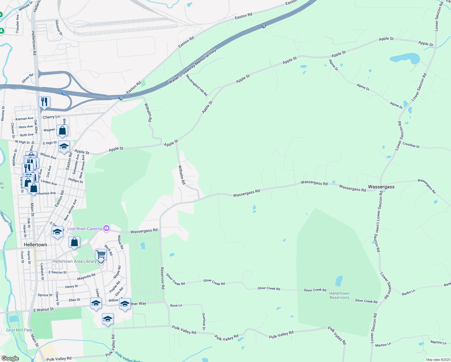 map of restaurants, bars, coffee shops, grocery stores, and more near 2255 Wassergass Road in Hellertown
