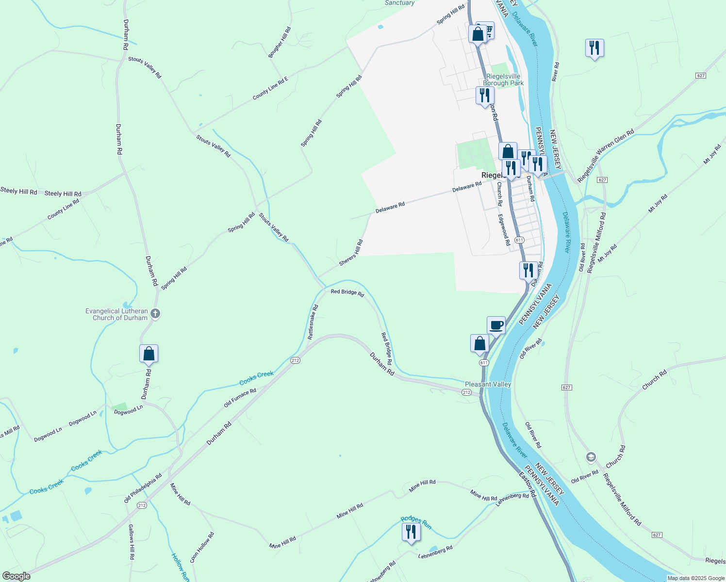 map of restaurants, bars, coffee shops, grocery stores, and more near 239 Red Bridge Road in Kintnersville