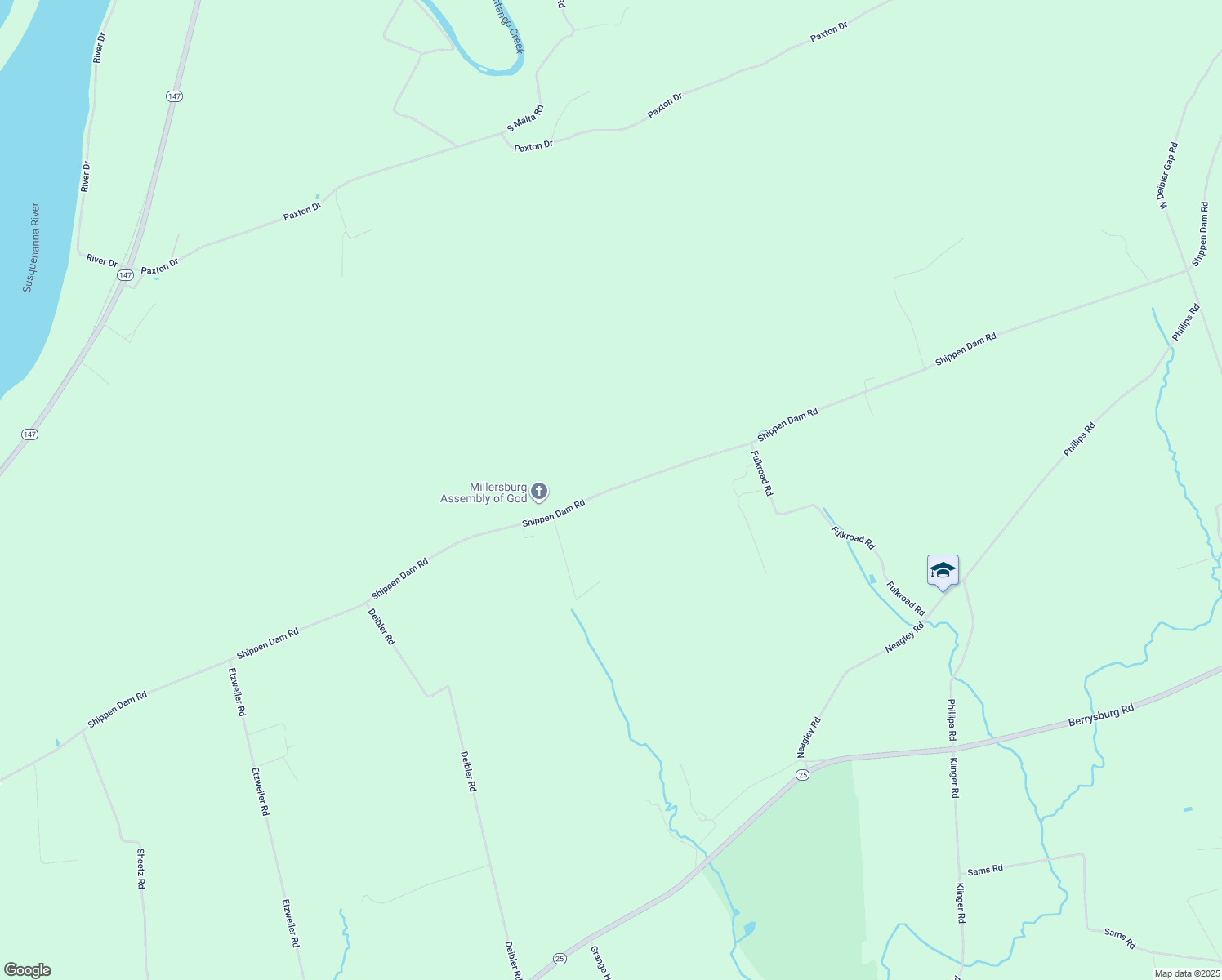 map of restaurants, bars, coffee shops, grocery stores, and more near Shippen Dam Rd in Millersburg