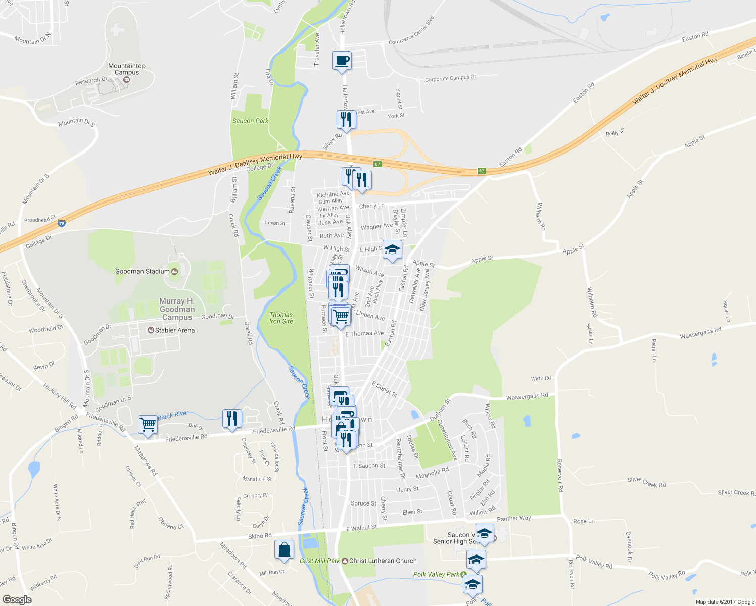 map of restaurants, bars, coffee shops, grocery stores, and more near 1234 3rd Avenue in Hellertown