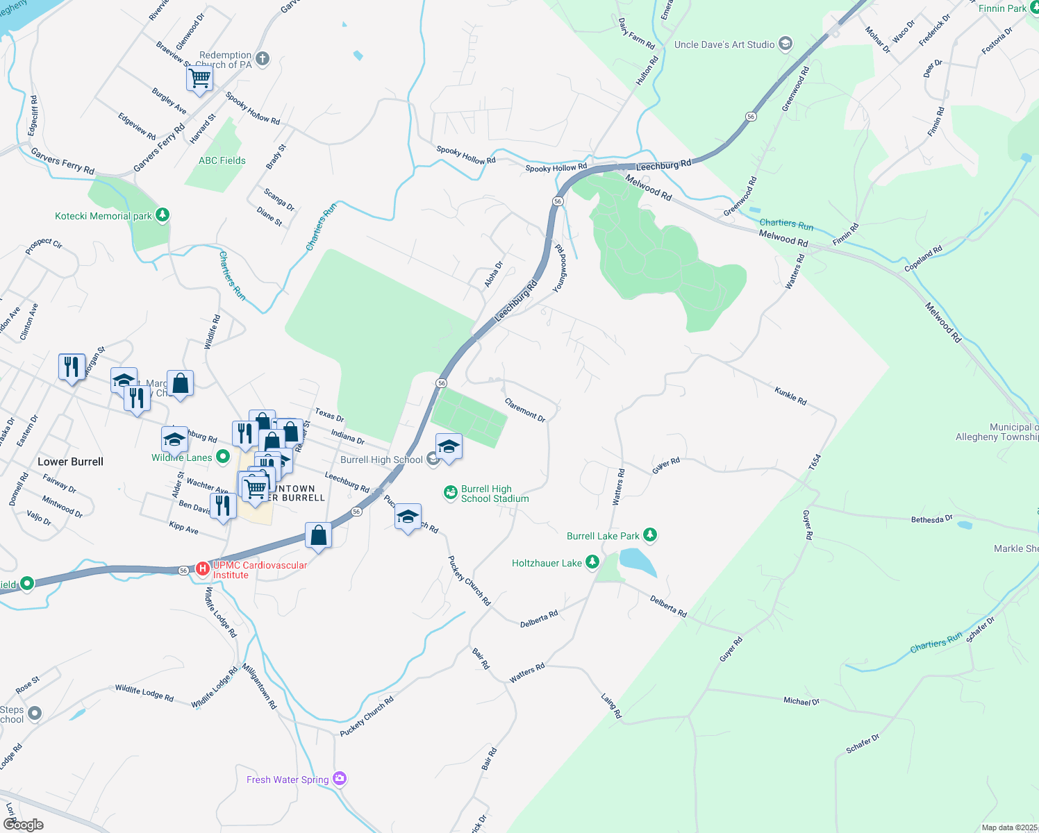 map of restaurants, bars, coffee shops, grocery stores, and more near 331 Claremont Drive in New Kensington