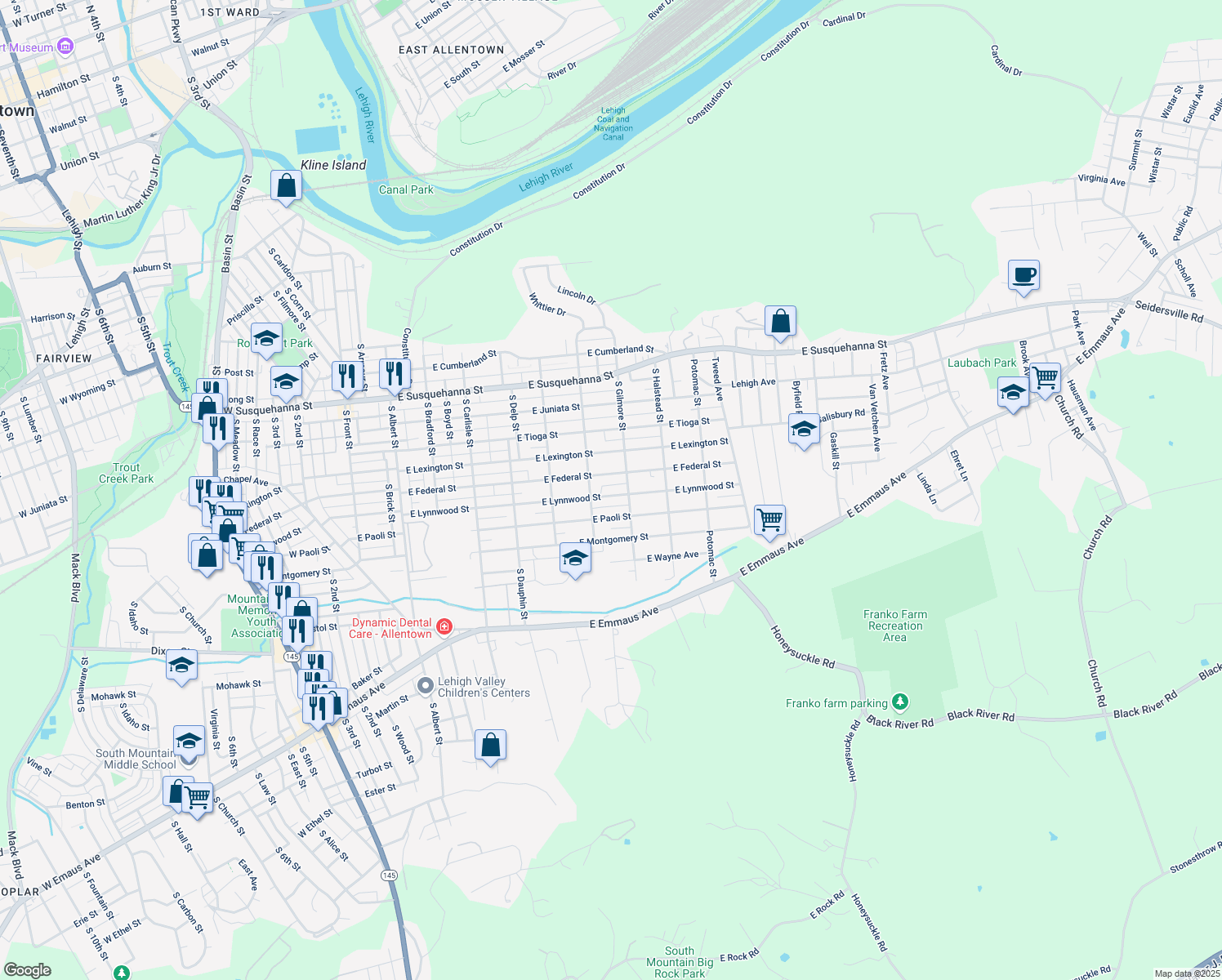 map of restaurants, bars, coffee shops, grocery stores, and more near 621 E Lynnwood St in Allentown
