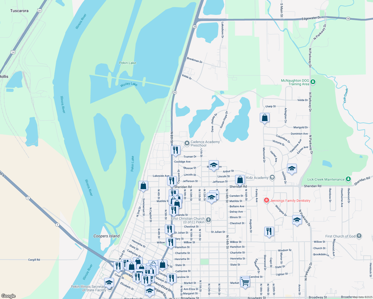 map of restaurants, bars, coffee shops, grocery stores, and more near 905 Eisenhower Dr in Pekin