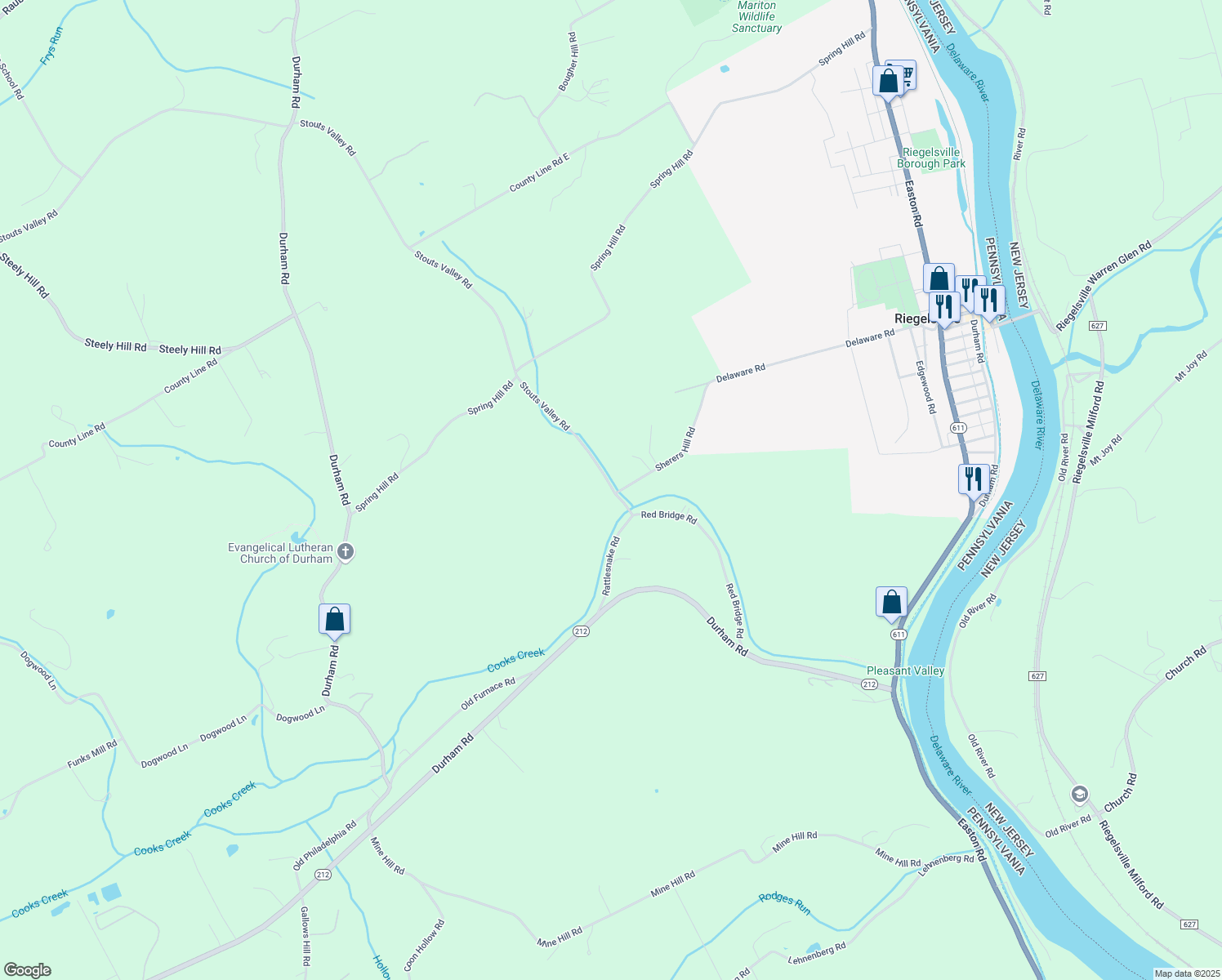 map of restaurants, bars, coffee shops, grocery stores, and more near 890 Stouts Valley Road in Riegelsville