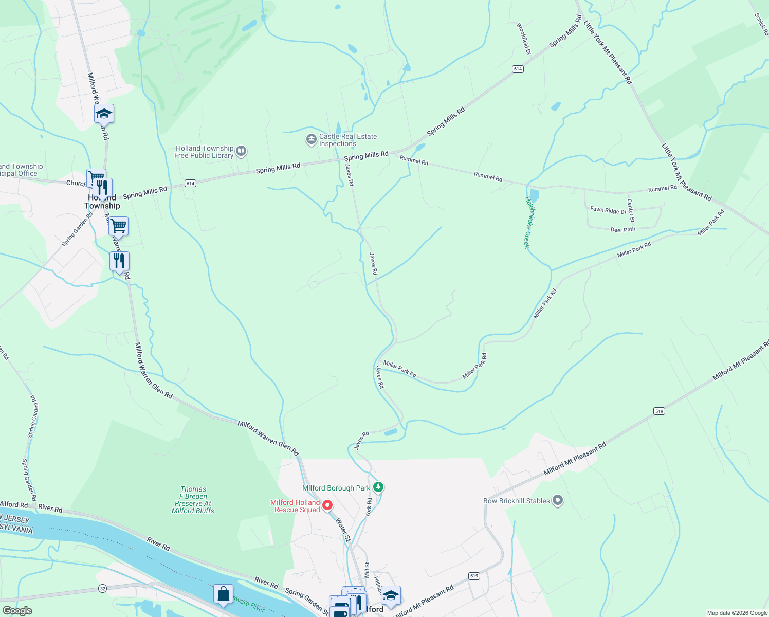 map of restaurants, bars, coffee shops, grocery stores, and more near 301 Javes Road in Milford