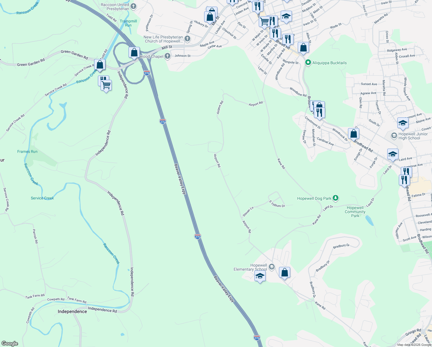 map of restaurants, bars, coffee shops, grocery stores, and more near 1173 Airport Road in Aliquippa