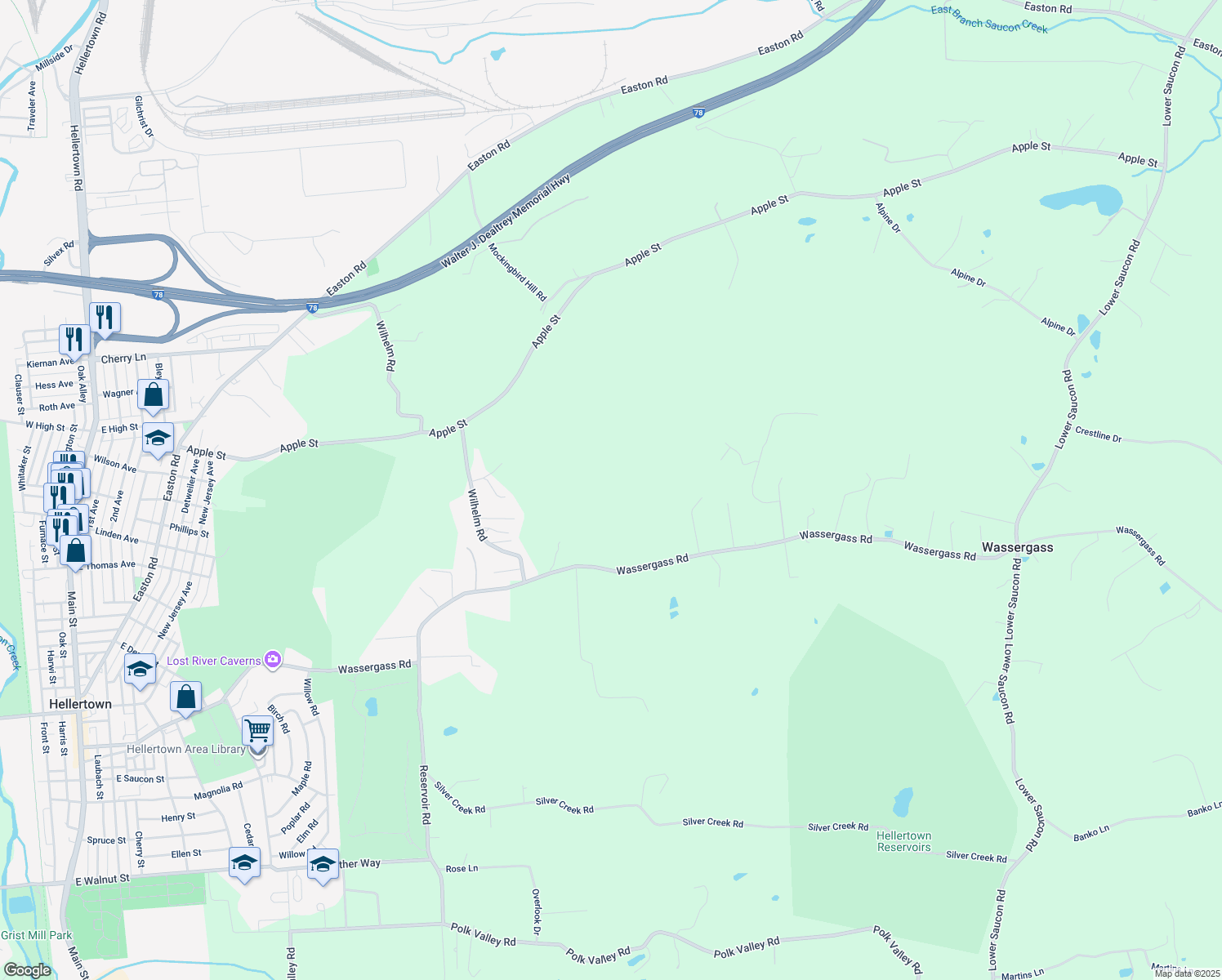 map of restaurants, bars, coffee shops, grocery stores, and more near 2273 Wassergass Road in Hellertown