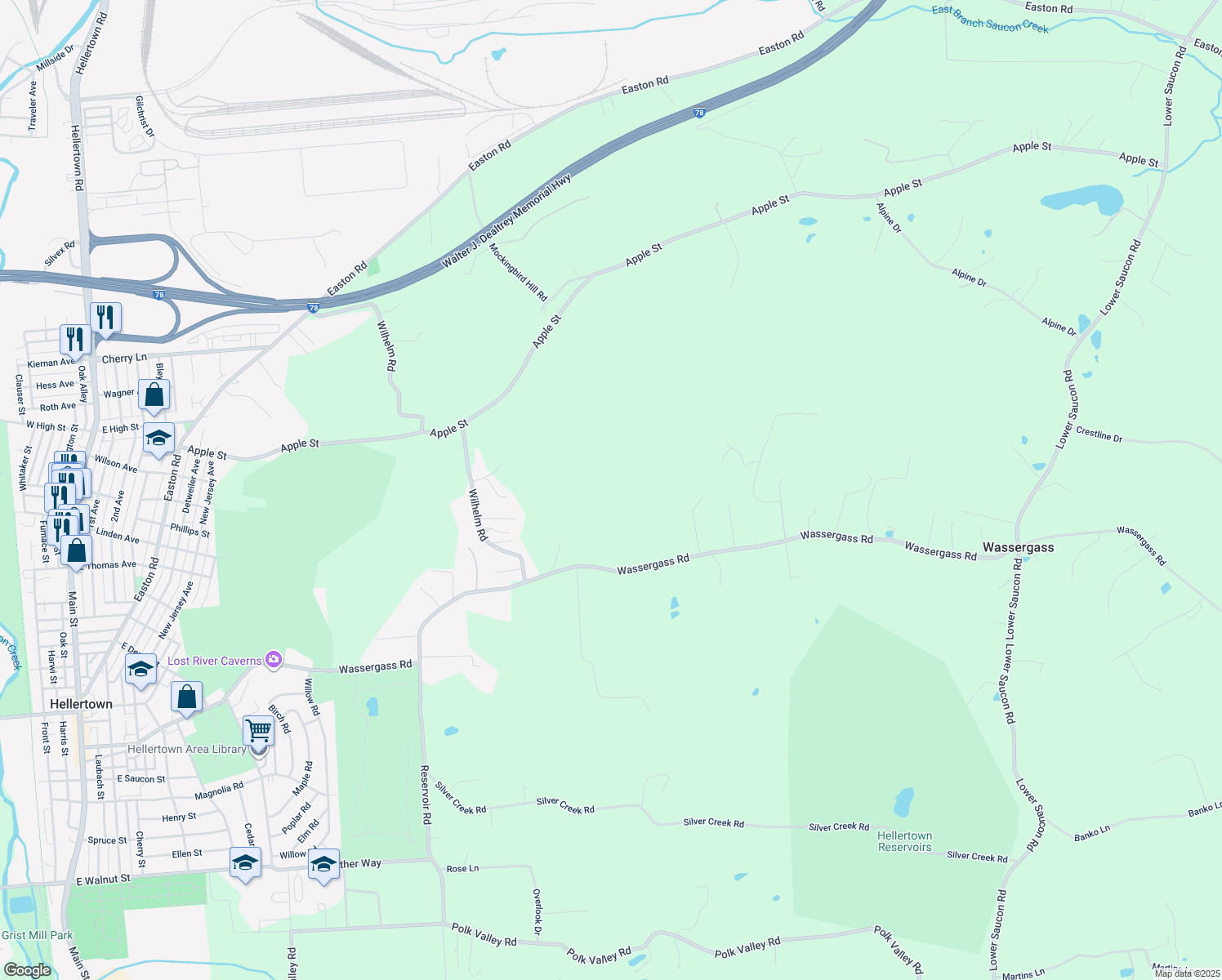 map of restaurants, bars, coffee shops, grocery stores, and more near 2273 Wassergass Road in Hellertown