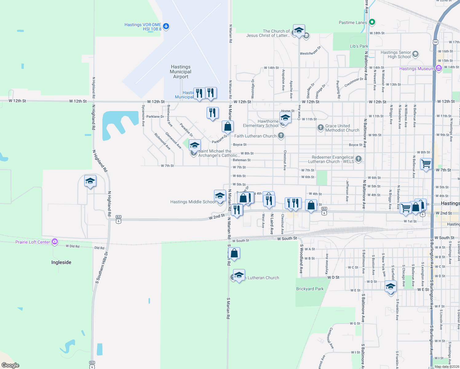 map of restaurants, bars, coffee shops, grocery stores, and more near 2798 W 5th St in Hastings