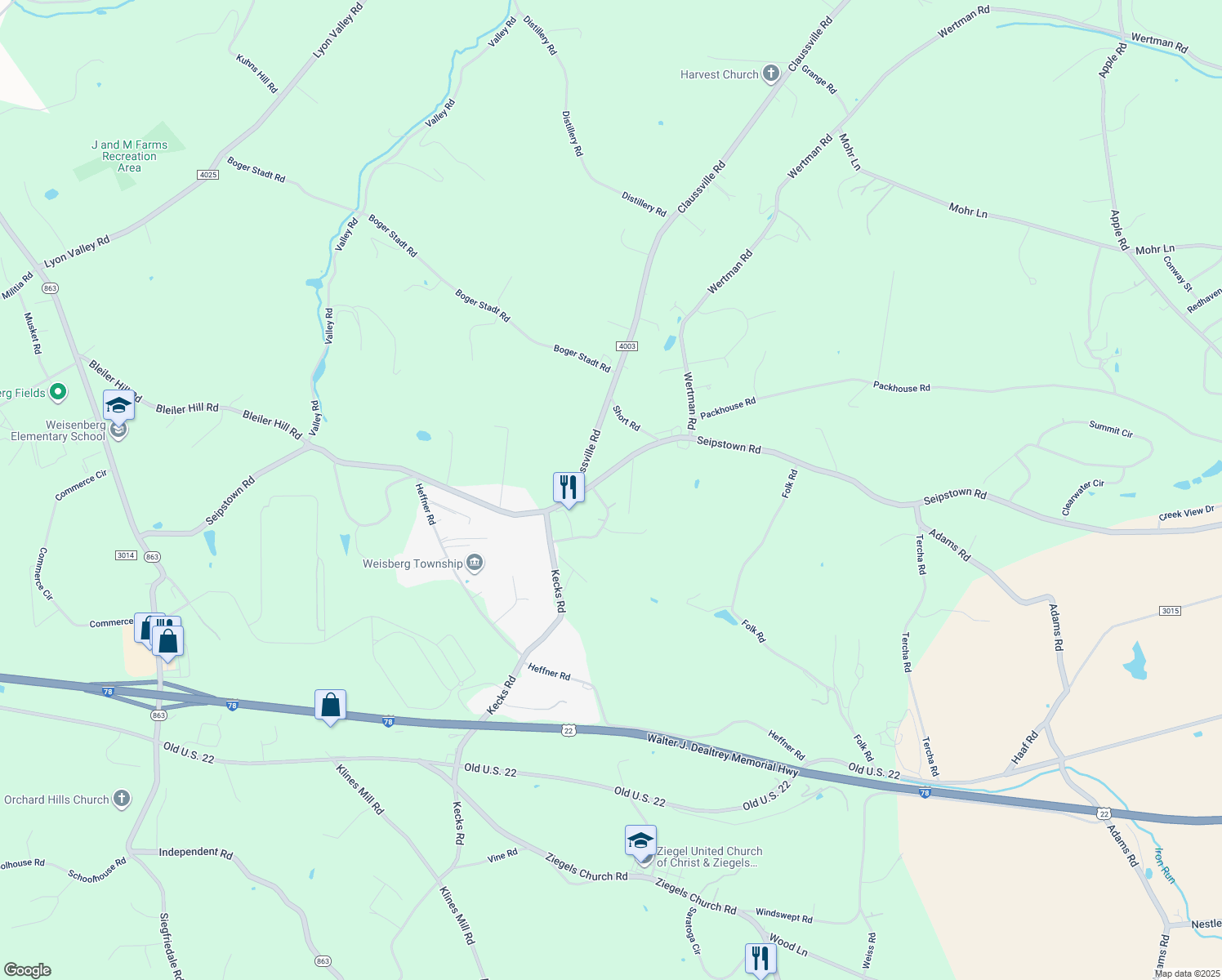 map of restaurants, bars, coffee shops, grocery stores, and more near 2352 Seipstown Road in Fogelsville