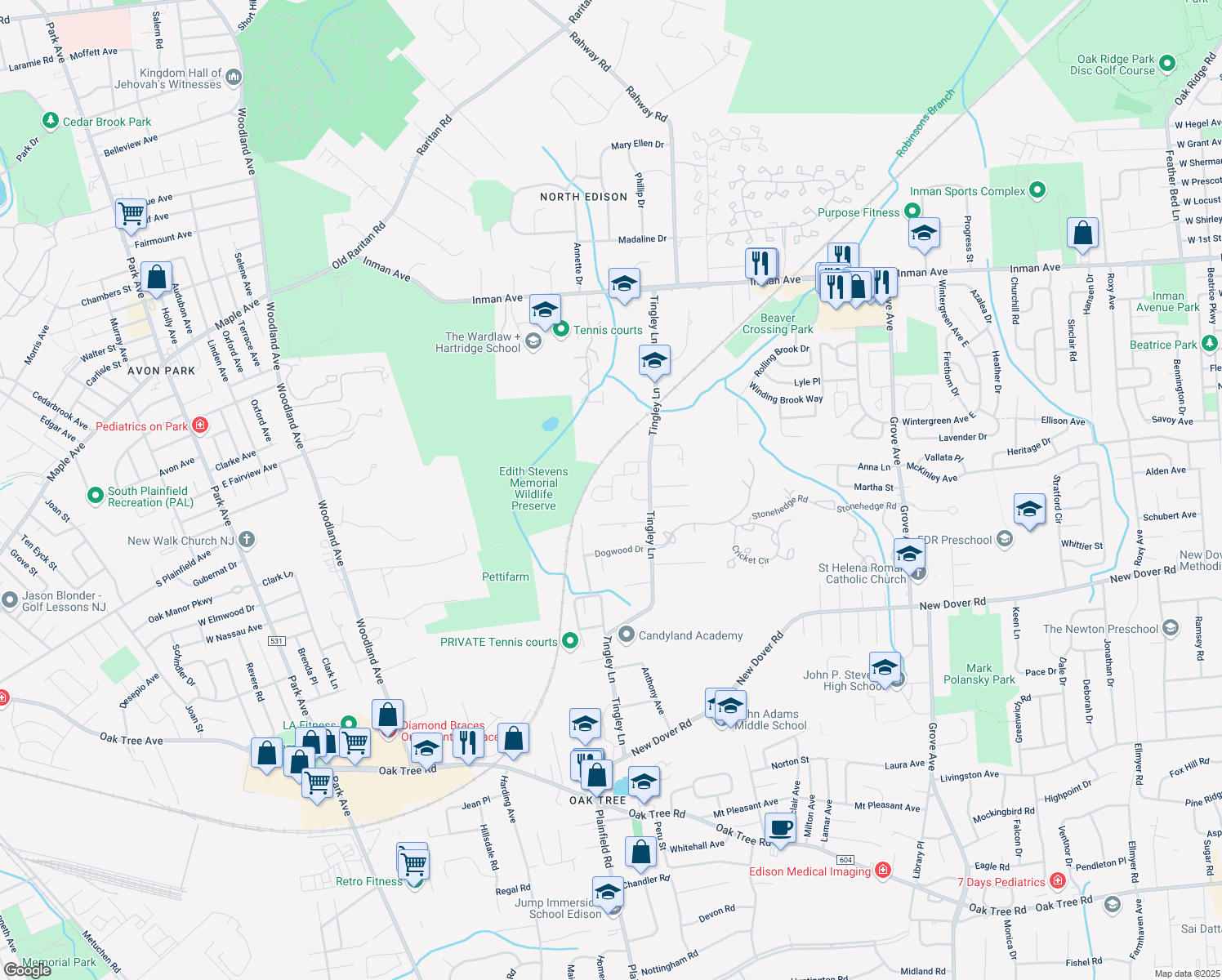 map of restaurants, bars, coffee shops, grocery stores, and more near 28 Hawthorn Drive in Edison