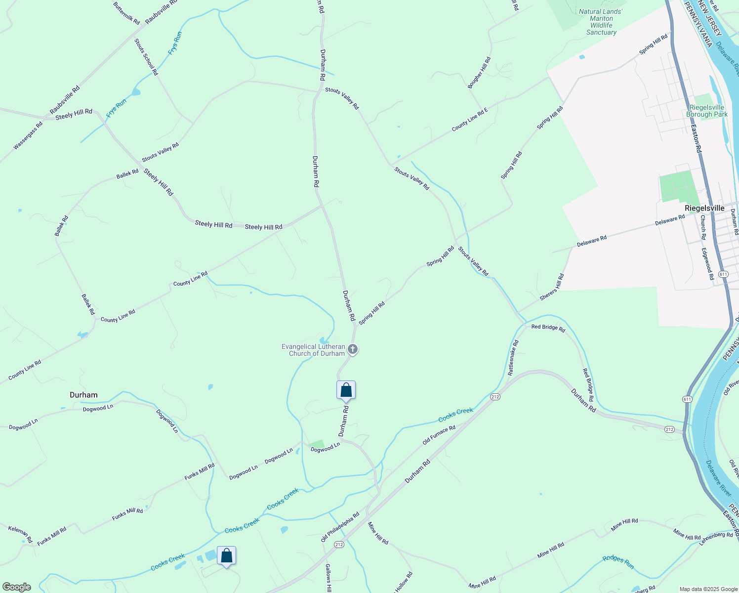 map of restaurants, bars, coffee shops, grocery stores, and more near 917 Spring Hill Road in Riegelsville