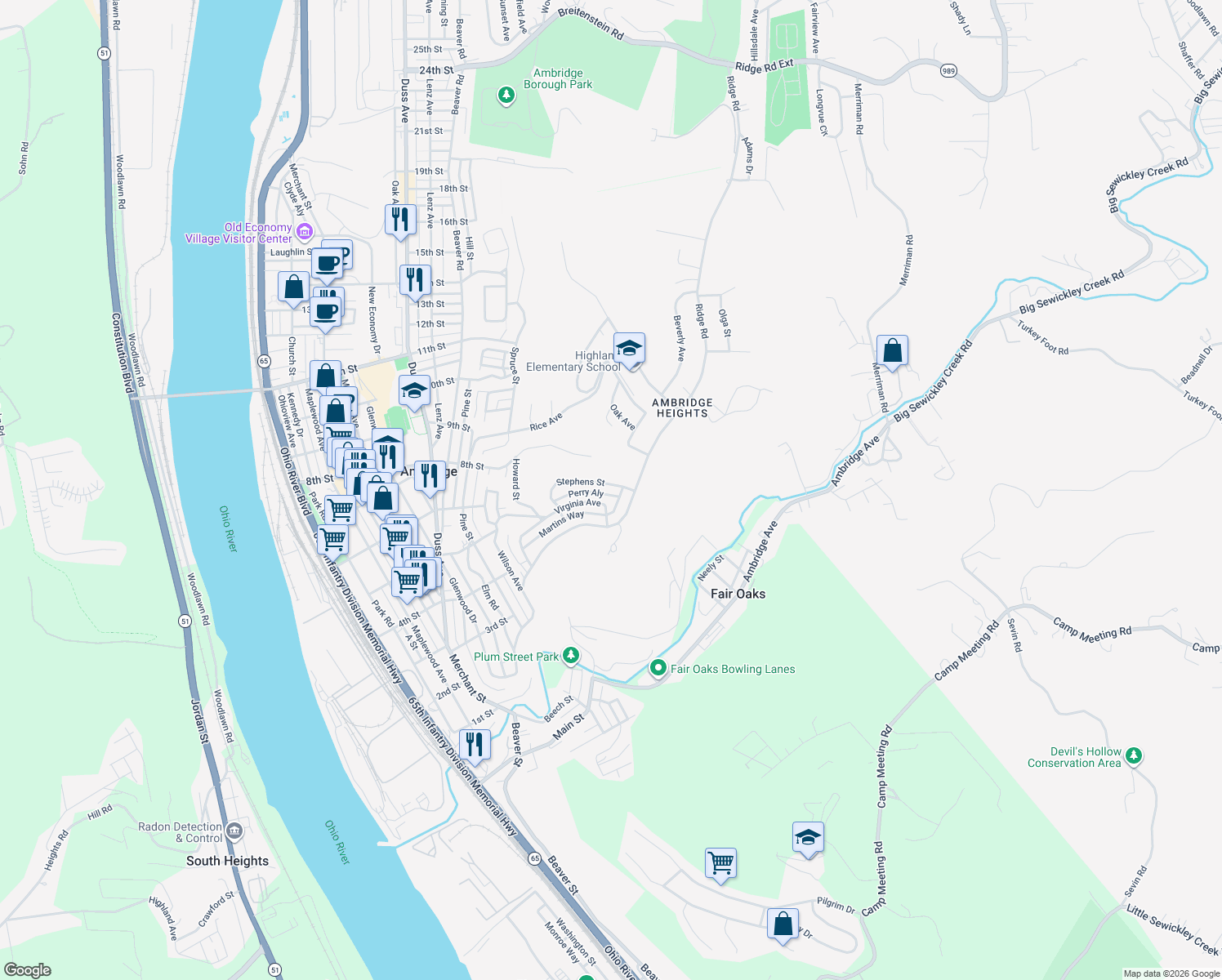 map of restaurants, bars, coffee shops, grocery stores, and more near 588 Stephens St in Ambridge