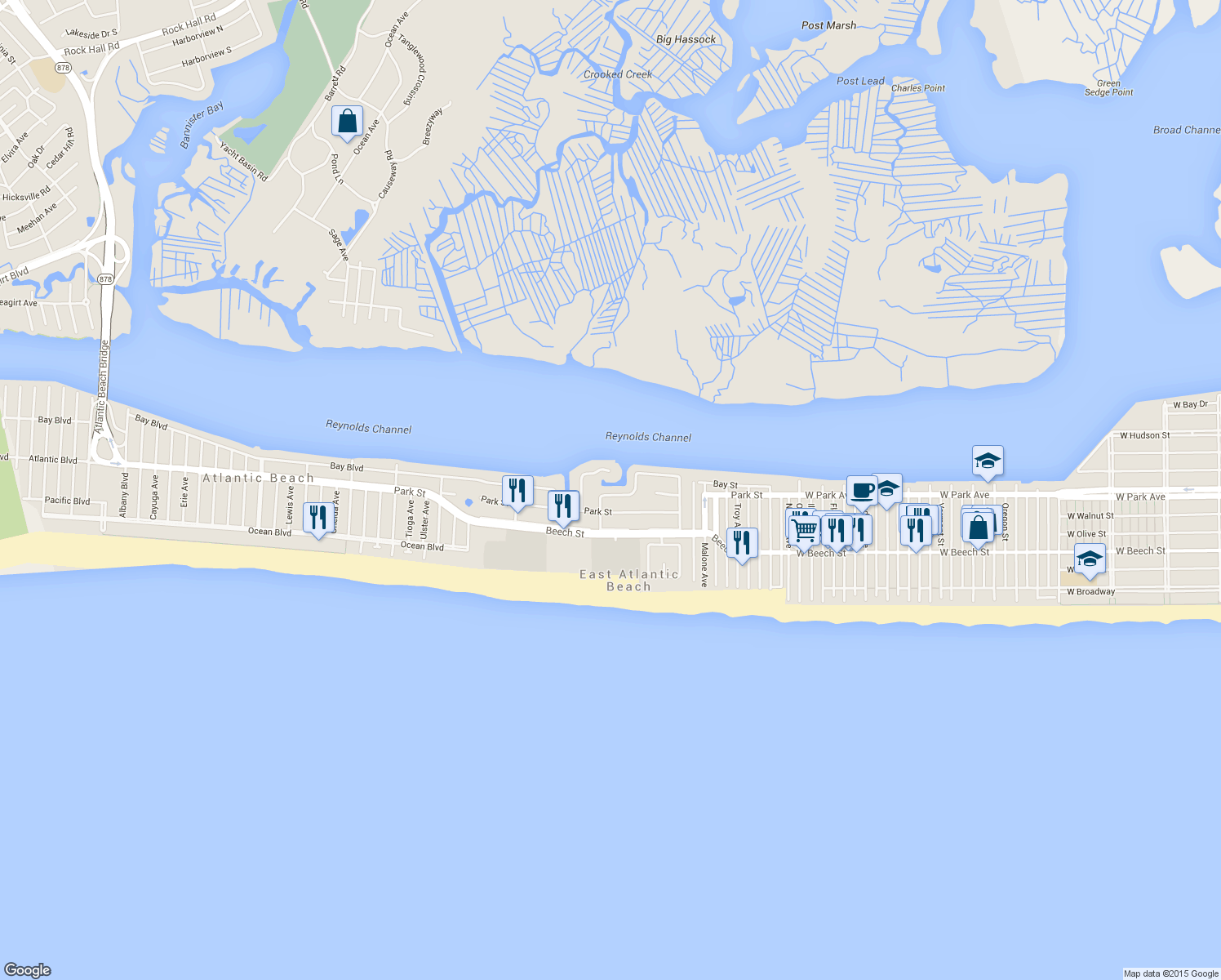 map of restaurants, bars, coffee shops, grocery stores, and more near 137 Scott Drive in Atlantic Beach