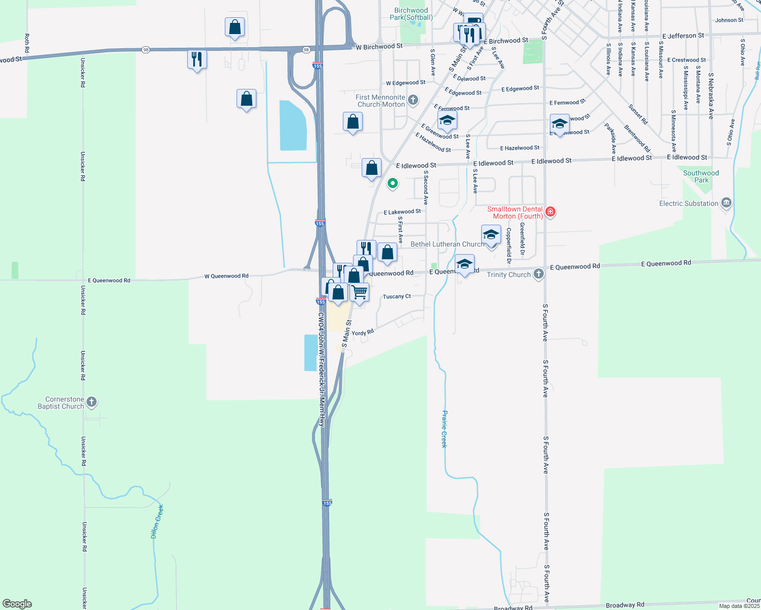 map of restaurants, bars, coffee shops, grocery stores, and more near 198 Tuscany Court in Morton