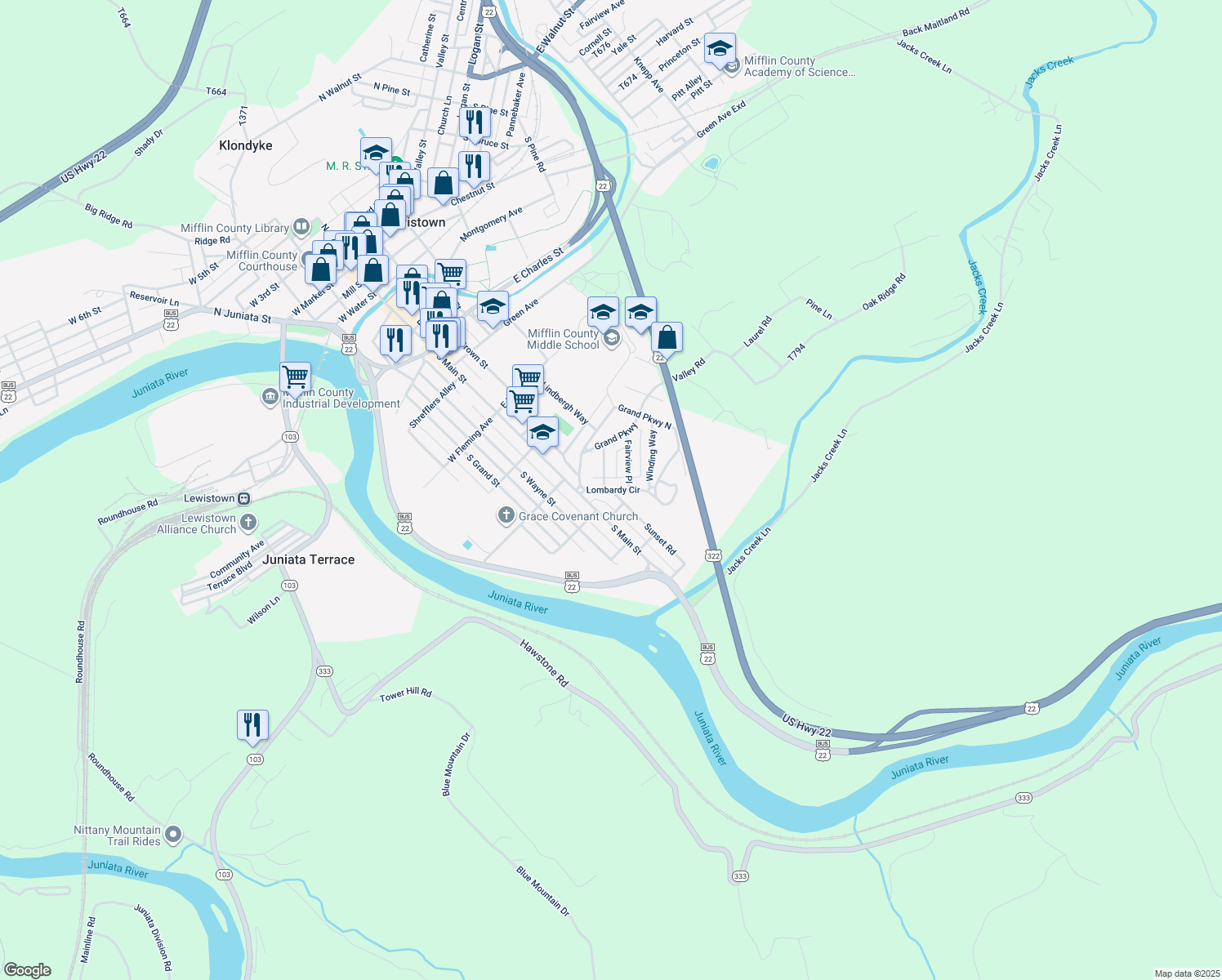 map of restaurants, bars, coffee shops, grocery stores, and more near 109 Lombardy Circle in Lewistown