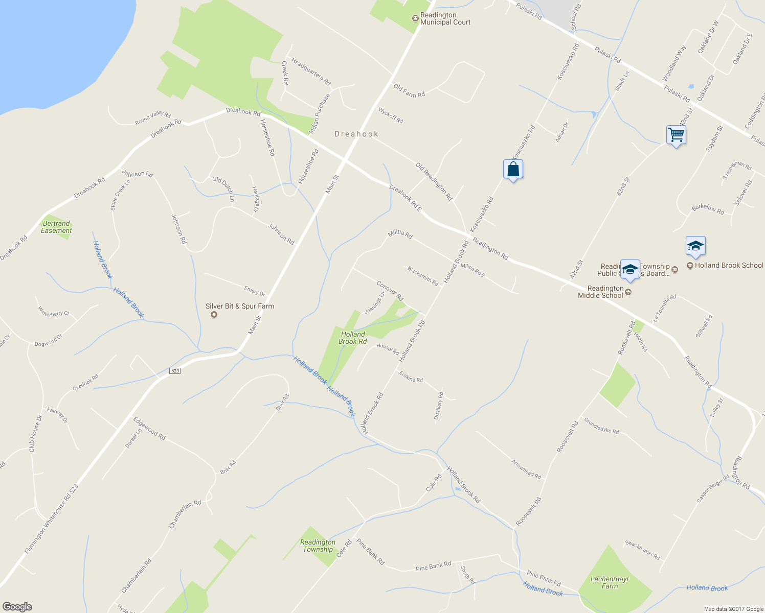map of restaurants, bars, coffee shops, grocery stores, and more near 3 Jennings Lane in Hunterdon County