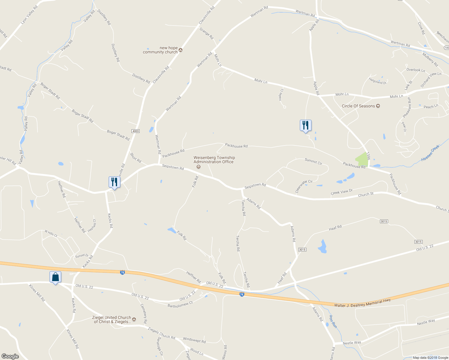 map of restaurants, bars, coffee shops, grocery stores, and more near 2119 Seipstown Road in Fogelsville