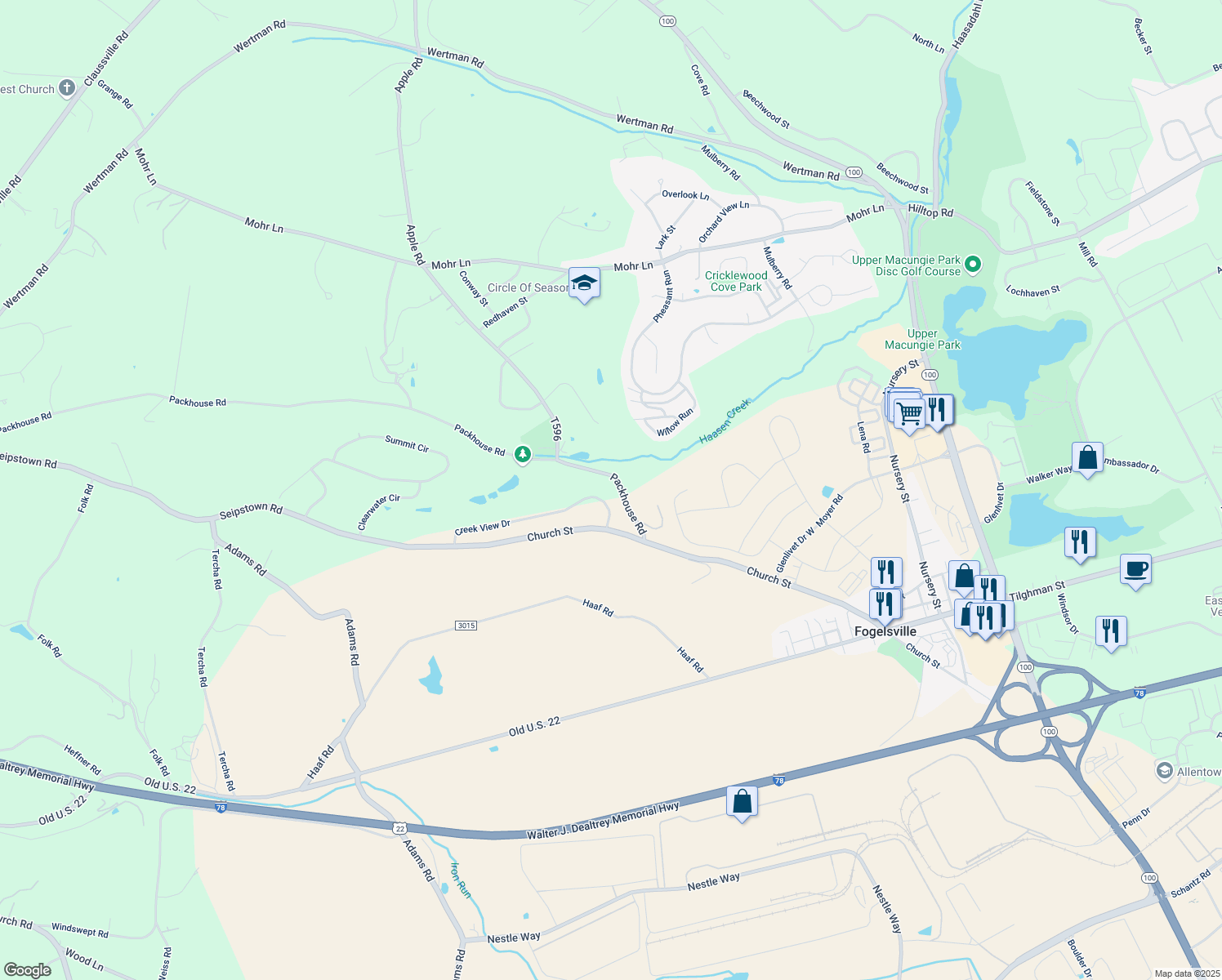 map of restaurants, bars, coffee shops, grocery stores, and more near 1719 Creek View Dr in Fogelsville