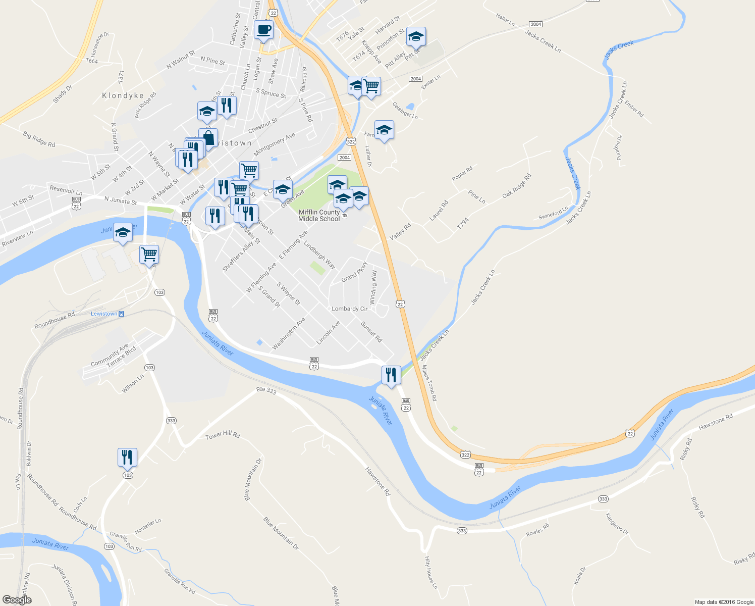 map of restaurants, bars, coffee shops, grocery stores, and more near 6 Summit Manor in Lewistown