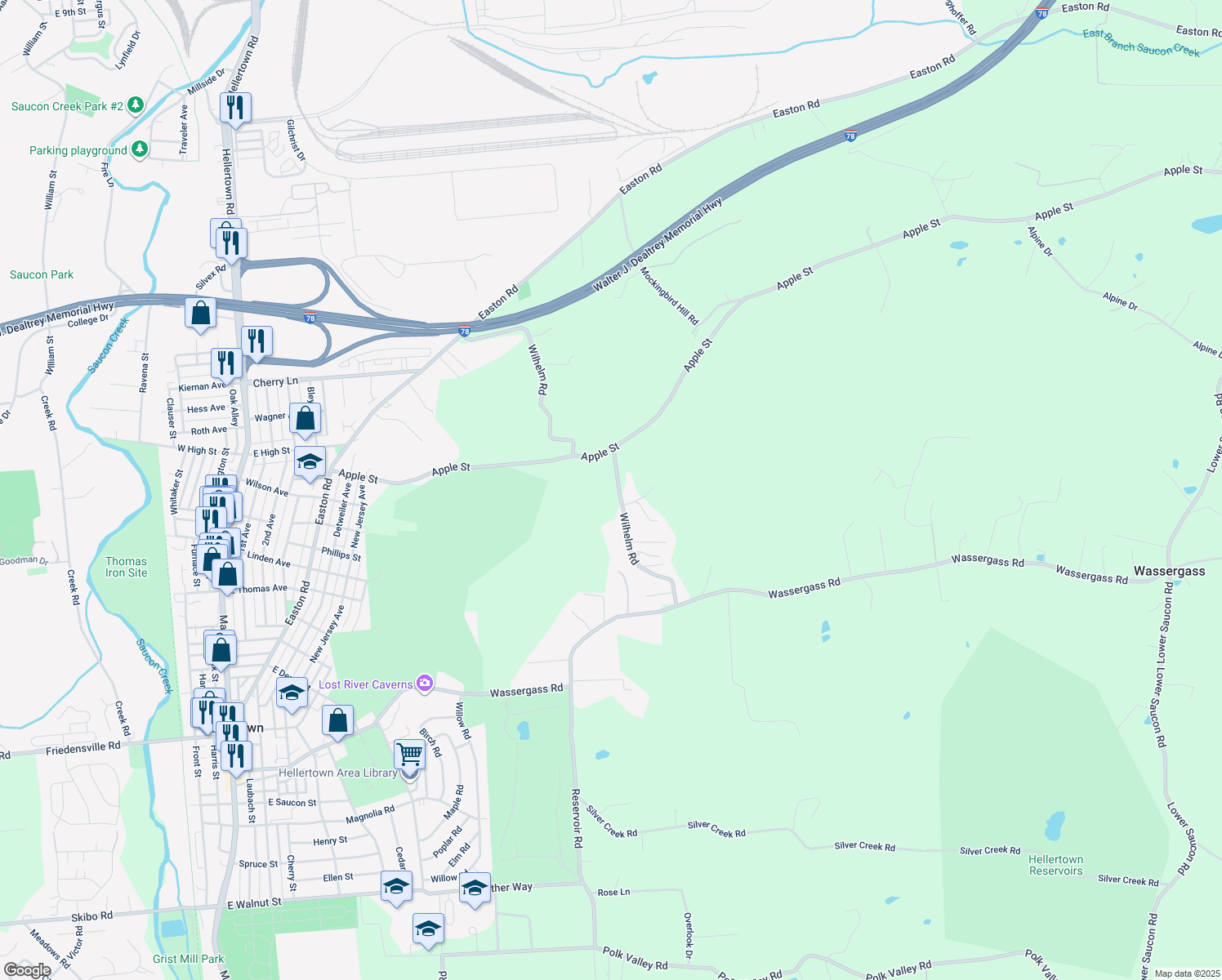 map of restaurants, bars, coffee shops, grocery stores, and more near 3712 Wilhelm Road in Hellertown