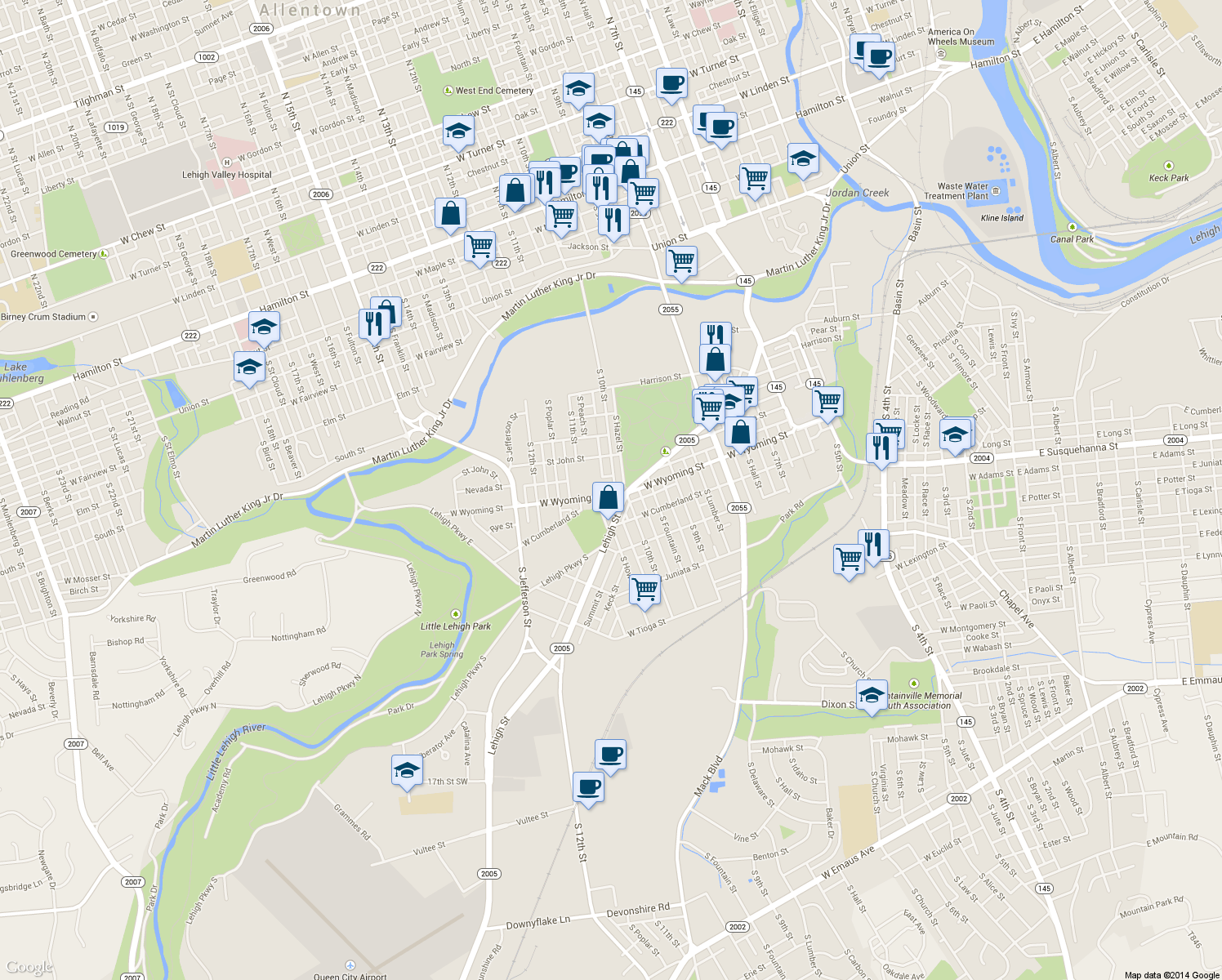 map of restaurants, bars, coffee shops, grocery stores, and more near 1003 West Wyoming Street in Allentown
