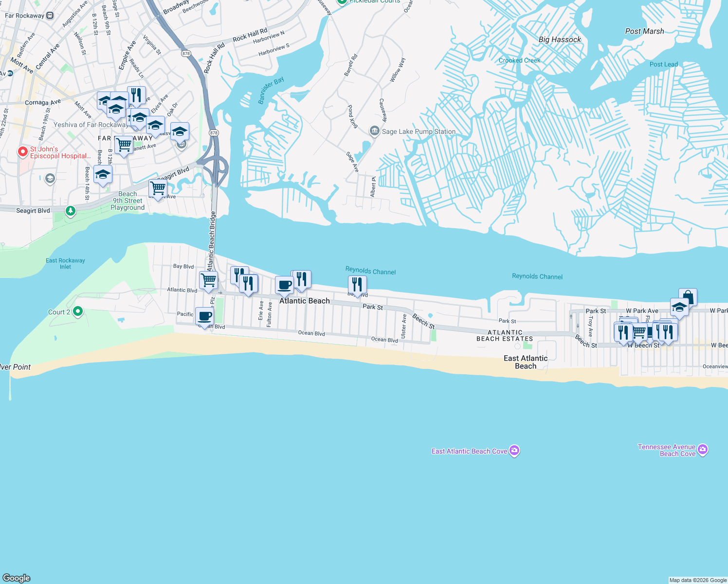 map of restaurants, bars, coffee shops, grocery stores, and more near 1710 Bay Boulevard in Atlantic Beach