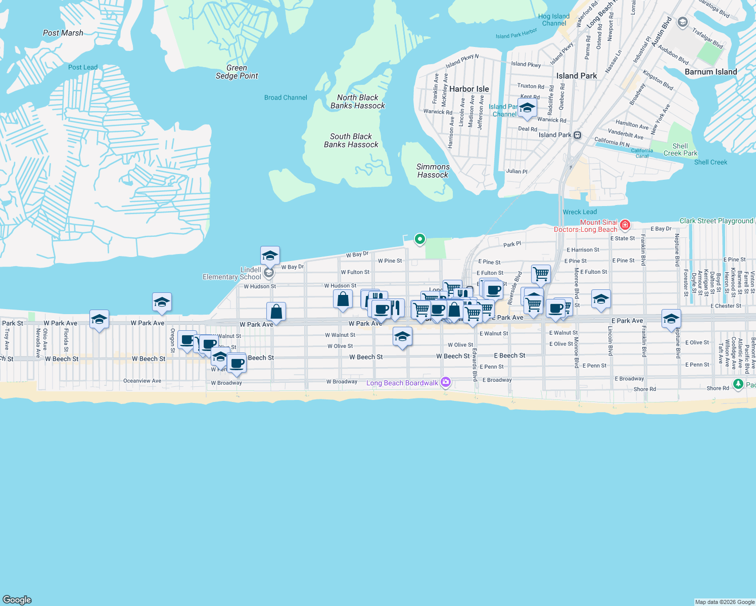 map of restaurants, bars, coffee shops, grocery stores, and more near 460 Laurelton Boulevard in Long Beach