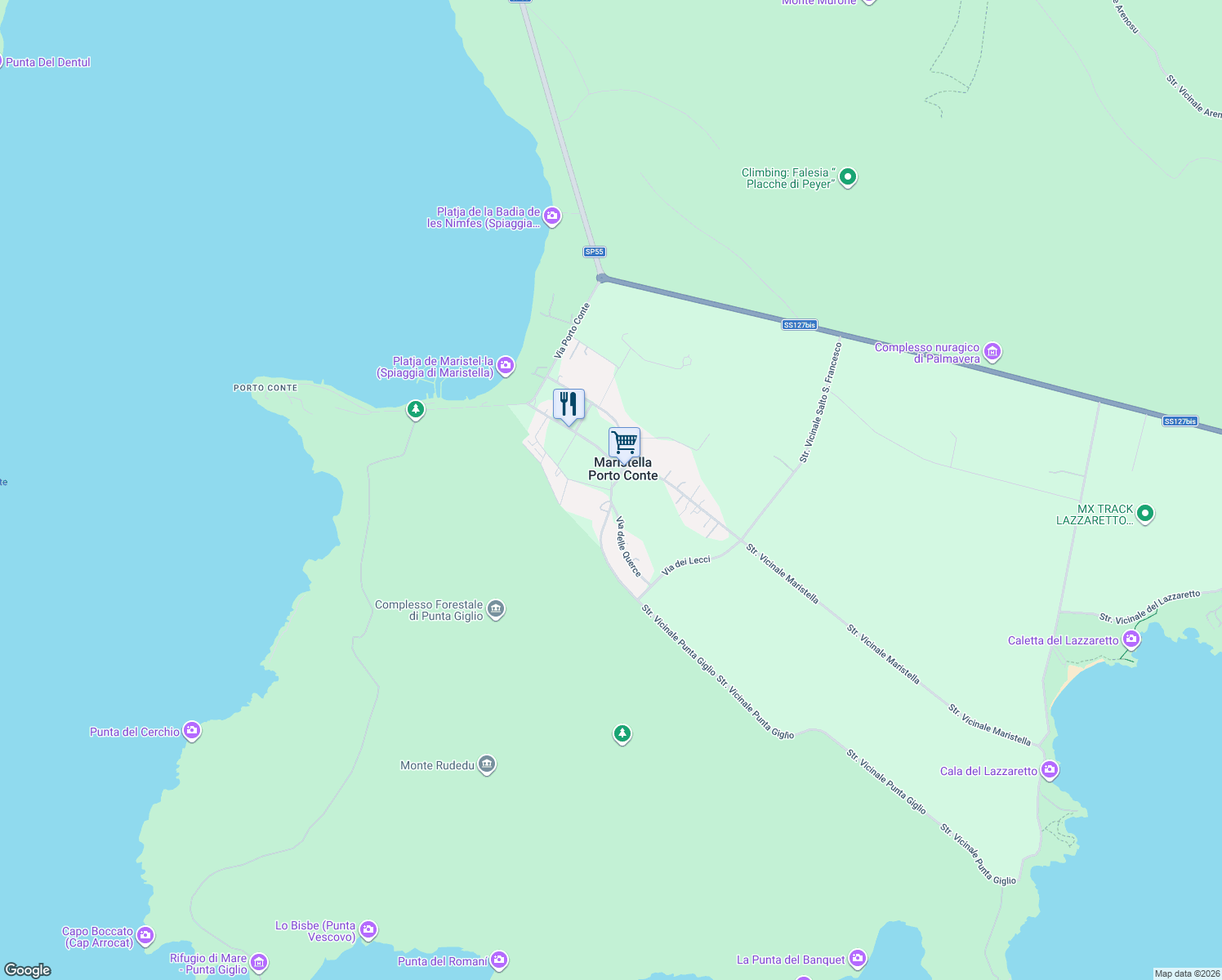 map of restaurants, bars, coffee shops, grocery stores, and more near 16 Via delle Vigne in Maristella