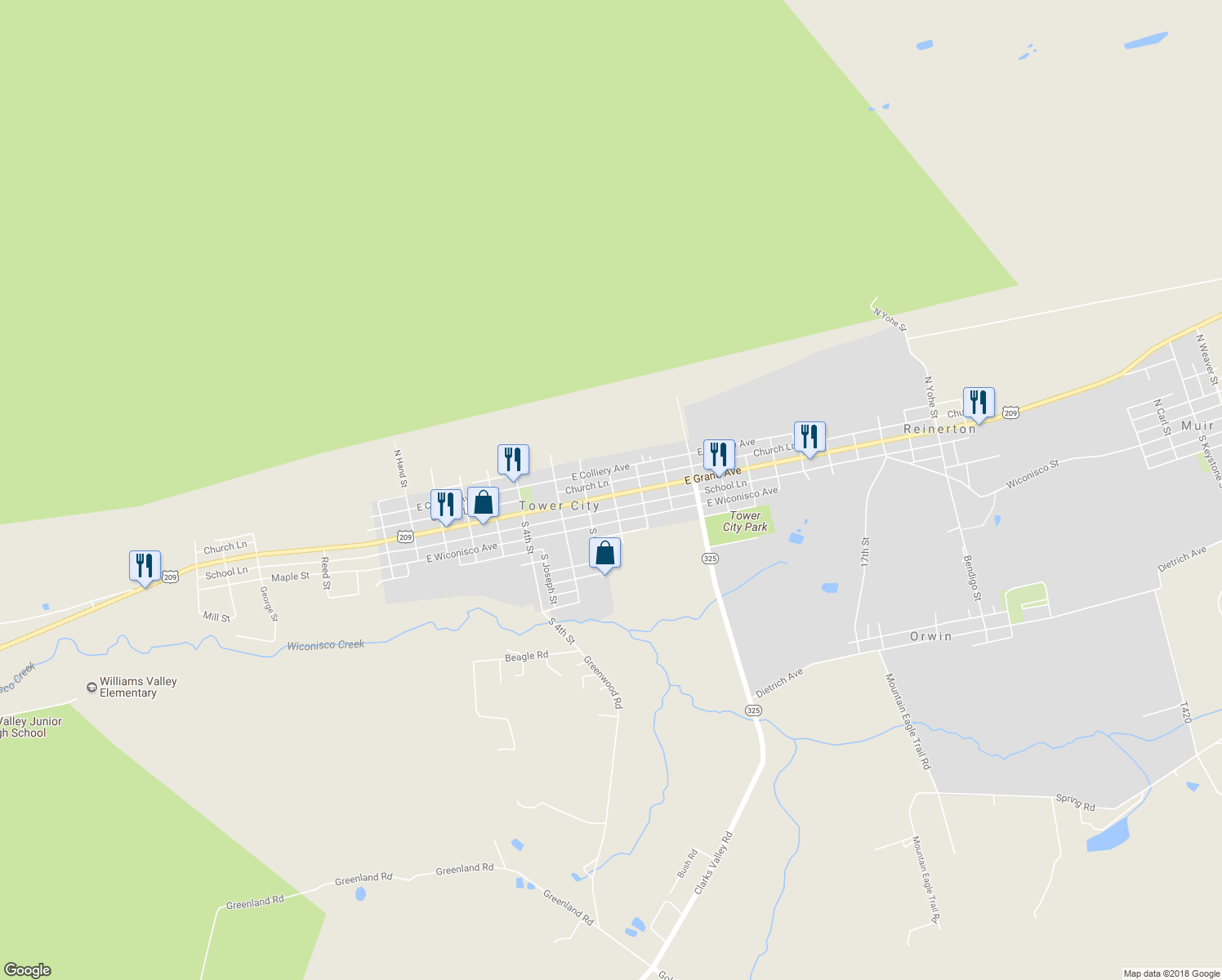 map of restaurants, bars, coffee shops, grocery stores, and more near 645 East Grand Avenue in Tower City