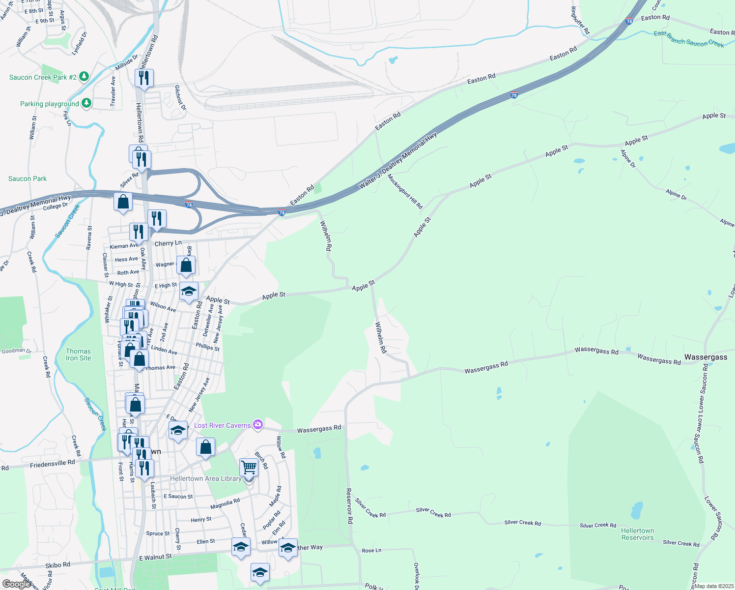 map of restaurants, bars, coffee shops, grocery stores, and more near 3720 Wilhelm Rd in Hellertown